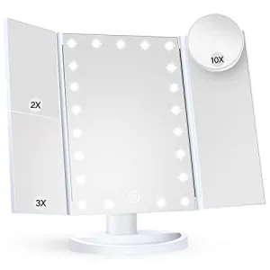HUONUL Makeup Mirror Vanity Mirror with Lights, 1x 2X 3X Magnification, Lighted Makeup Mirror, Touch Control, Trifold Makeup Mirror, Dual Power Supply, Portable LED Makeup Mirror, Women Gift