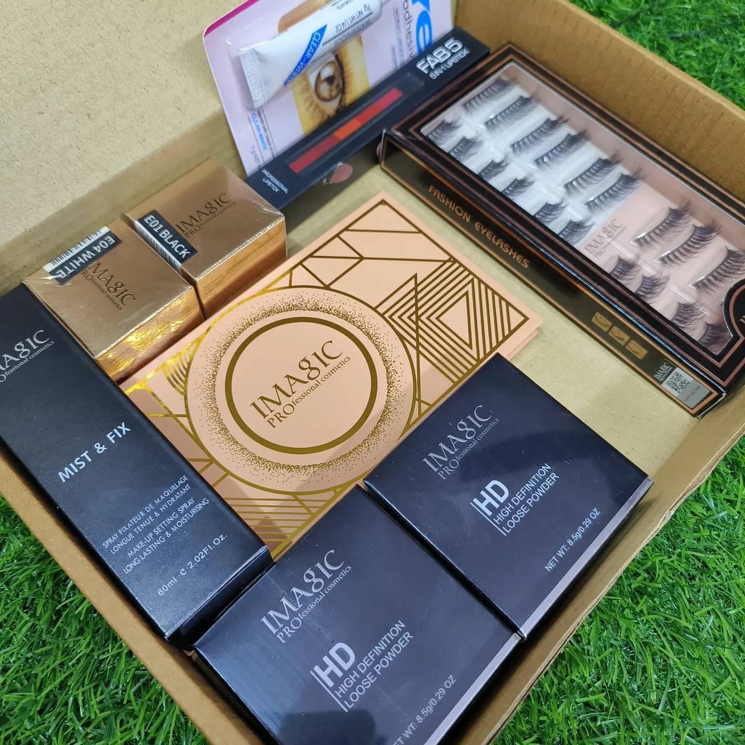 Imagic 7 in 1 Combo - Loose Powder   Gel Eyeliner   Fixer   Eyelashes   HCB Palette