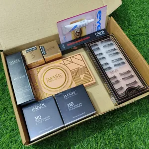 Imagic 7 in 1 Combo - Loose Powder   Gel Eyeliner   Fixer   Eyelashes   HCB Palette