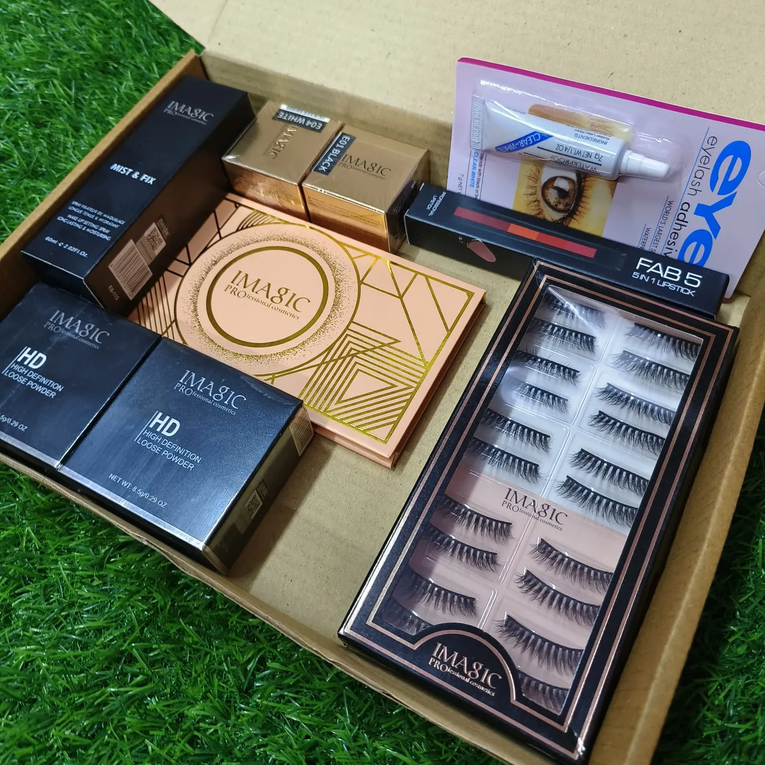Imagic 7 in 1 Combo - Loose Powder   Gel Eyeliner   Fixer   Eyelashes   HCB Palette