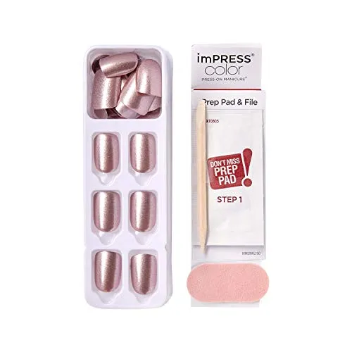 KISS imPRESS Color Press-On Manicure, Gel Nail Kit, PureFit Technology, Short Length, “Paralyzed Pink”, Polish-Free Solid Color Mani, Includes Prep Pad, Mini File, Cuticle Stick, and 30 Fake Nails
