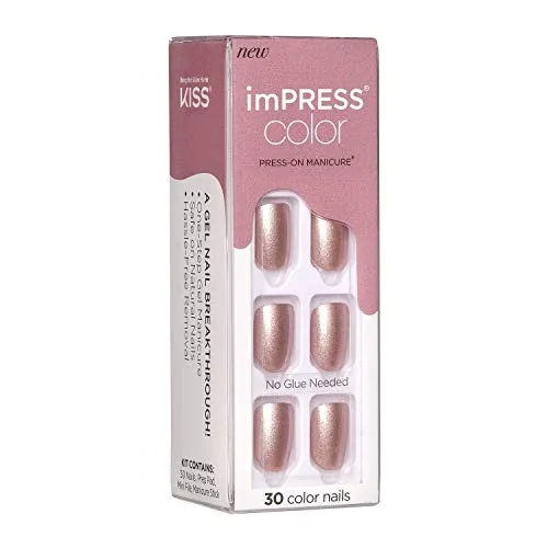 KISS imPRESS Color Press-On Manicure, Gel Nail Kit, PureFit Technology, Short Length, “Paralyzed Pink”, Polish-Free Solid Color Mani, Includes Prep Pad, Mini File, Cuticle Stick, and 30 Fake Nails
