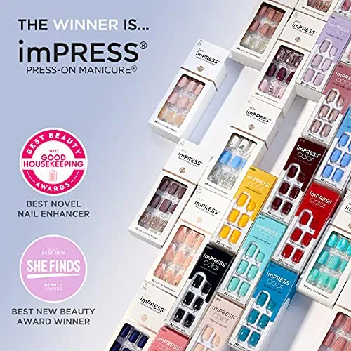 KISS imPRESS Color Press-On Manicure, Gel Nail Kit, PureFit Technology, Short Length, “Try Gray”, Polish-Free Solid Color Mani, Includes Prep Pad, Mini File, Cuticle Stick, and 30 Fake Nails