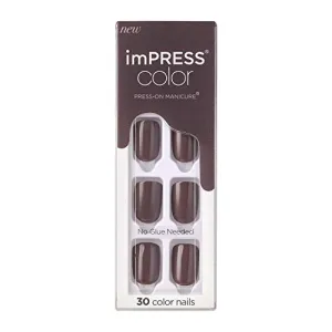 KISS imPRESS Color Press-On Manicure, Gel Nail Kit, PureFit Technology, Short Length, “Try Gray”, Polish-Free Solid Color Mani, Includes Prep Pad, Mini File, Cuticle Stick, and 30 Fake Nails