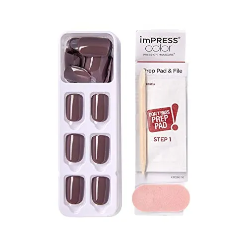 KISS imPRESS Color Press-On Manicure, Gel Nail Kit, PureFit Technology, Short Length, “Try Gray”, Polish-Free Solid Color Mani, Includes Prep Pad, Mini File, Cuticle Stick, and 30 Fake Nails