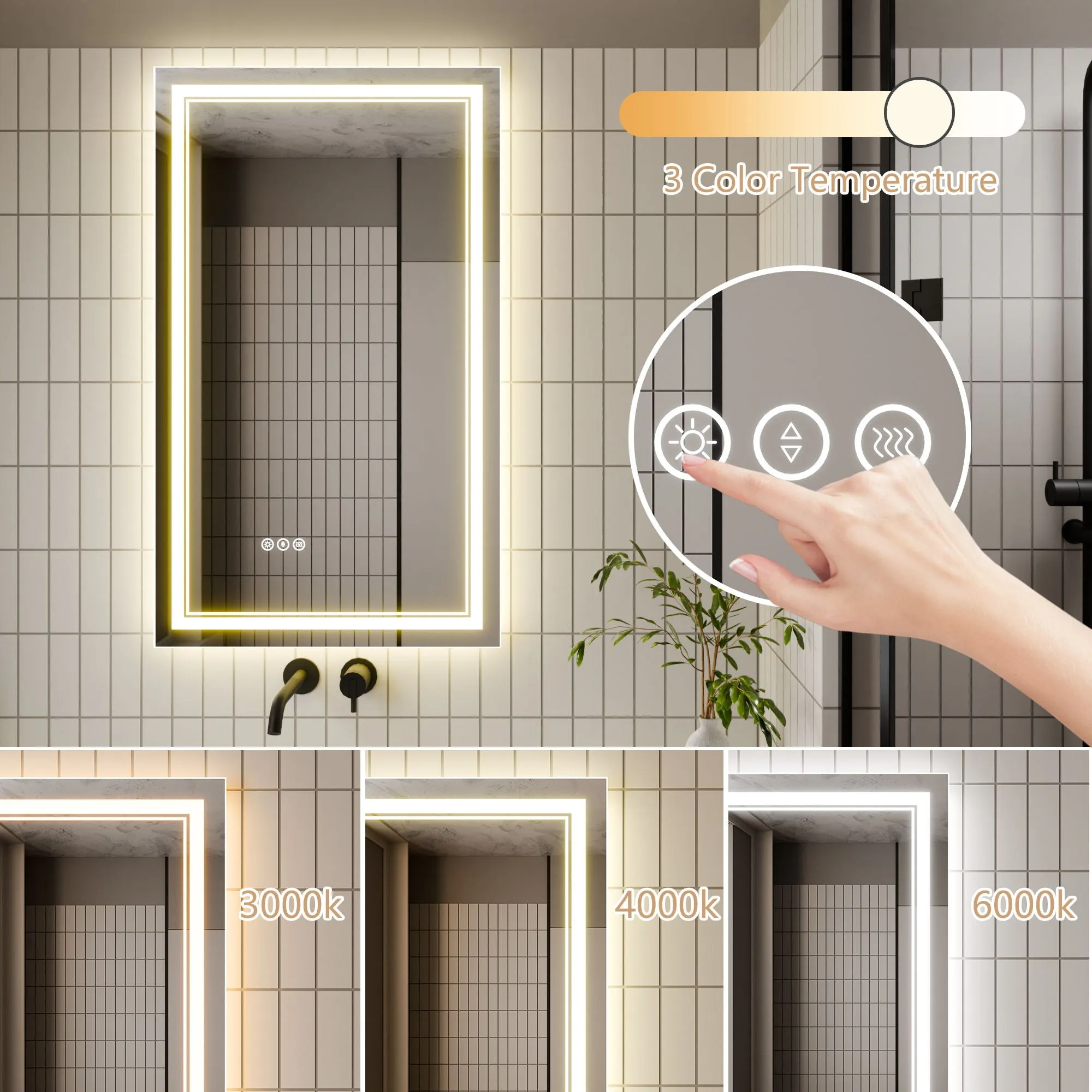 Led Bathroom Mirror, 24X40" Bathroom Vanity Mirrors With Lights, Mirrors For Wall With Smart Touch Button, Anti - Fog, Memory Function, Stepless Dimmable Makeup Mirror (Horizontal / Vertical)