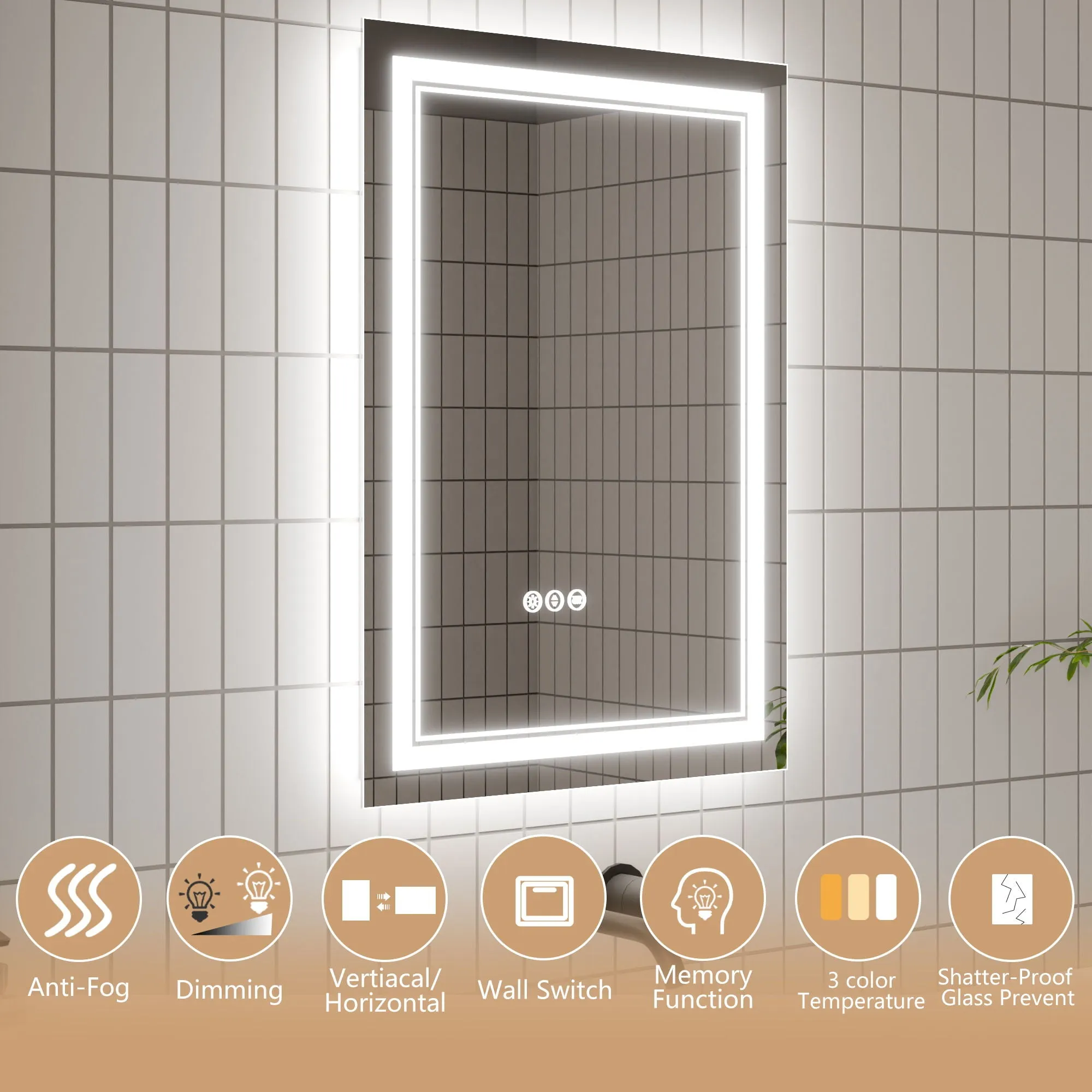 Led Bathroom Mirror, 24X40" Bathroom Vanity Mirrors With Lights, Mirrors For Wall With Smart Touch Button, Anti - Fog, Memory Function, Stepless Dimmable Makeup Mirror (Horizontal / Vertical)