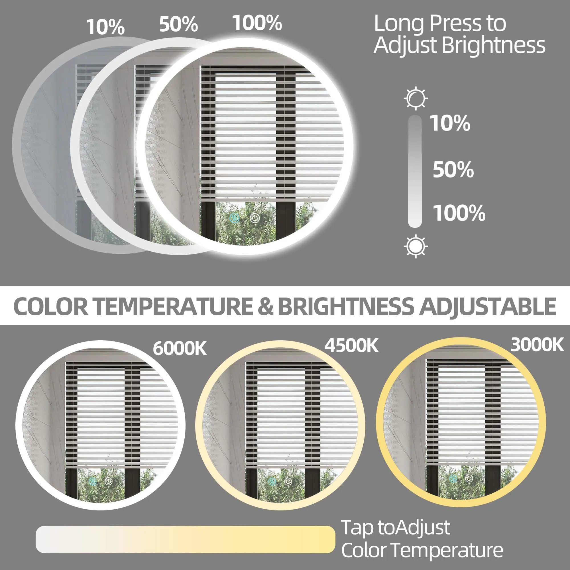 Led Round Lighted Mirror, 24 Inch Bathroom Backlit Vanity Mirror Wall Mounted With 3000K/4500K/6000K Adjustable, Anti-Fog, Smart Touch Button, Stepless Dimmable Lighted Makeup Mirror