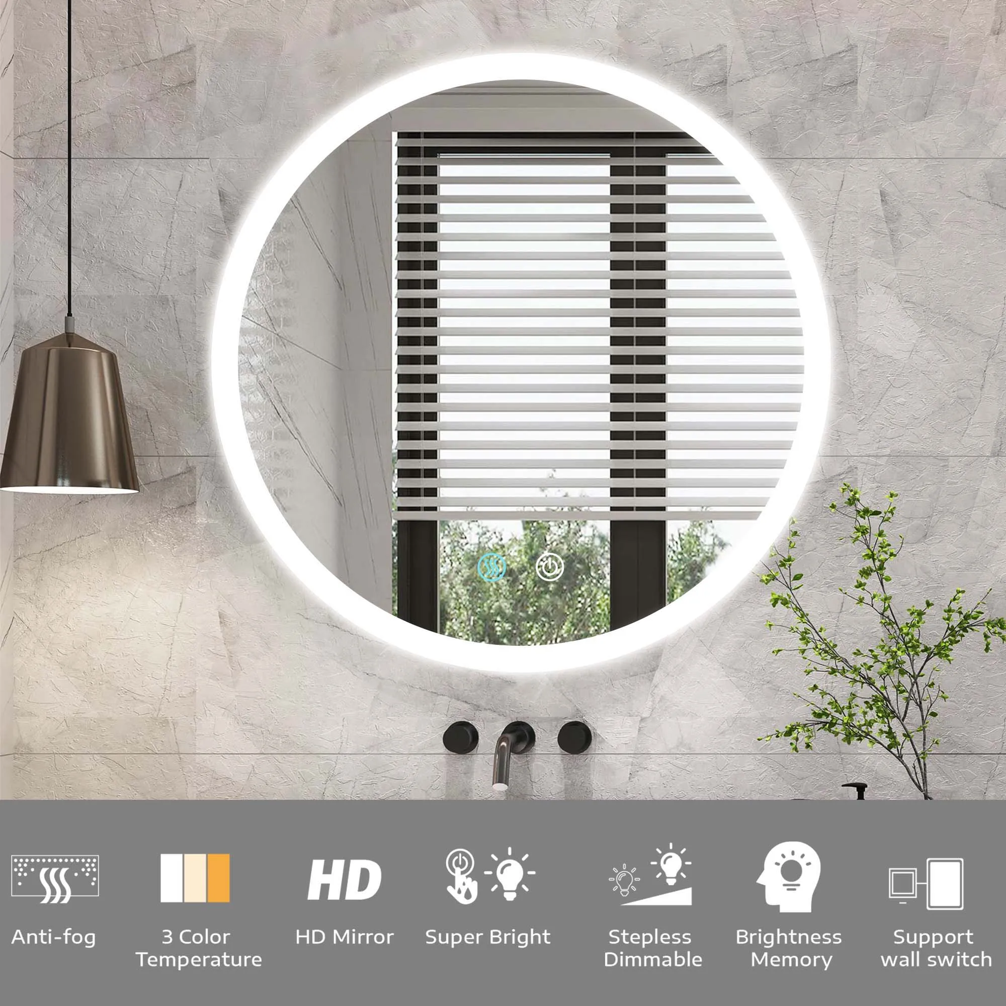 Led Round Lighted Mirror, 24 Inch Bathroom Backlit Vanity Mirror Wall Mounted With 3000K/4500K/6000K Adjustable, Anti-Fog, Smart Touch Button, Stepless Dimmable Lighted Makeup Mirror