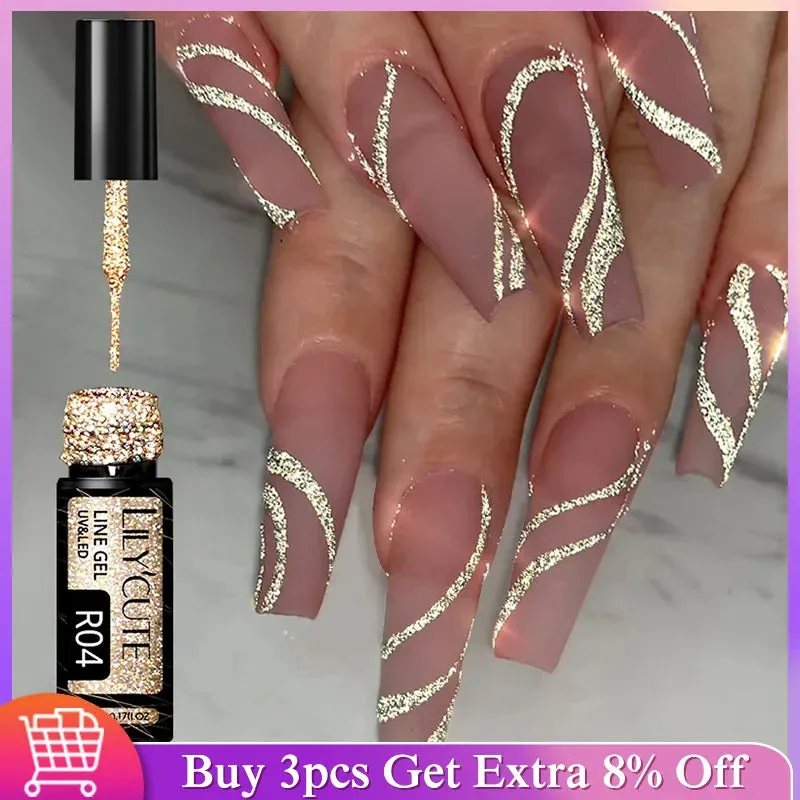 LILYCUTE 5ML Reflective Glitter Liner Gel Polish Nail Art Champagne Sparkling Lines Painting Gel Semi Permanent UV French Nails