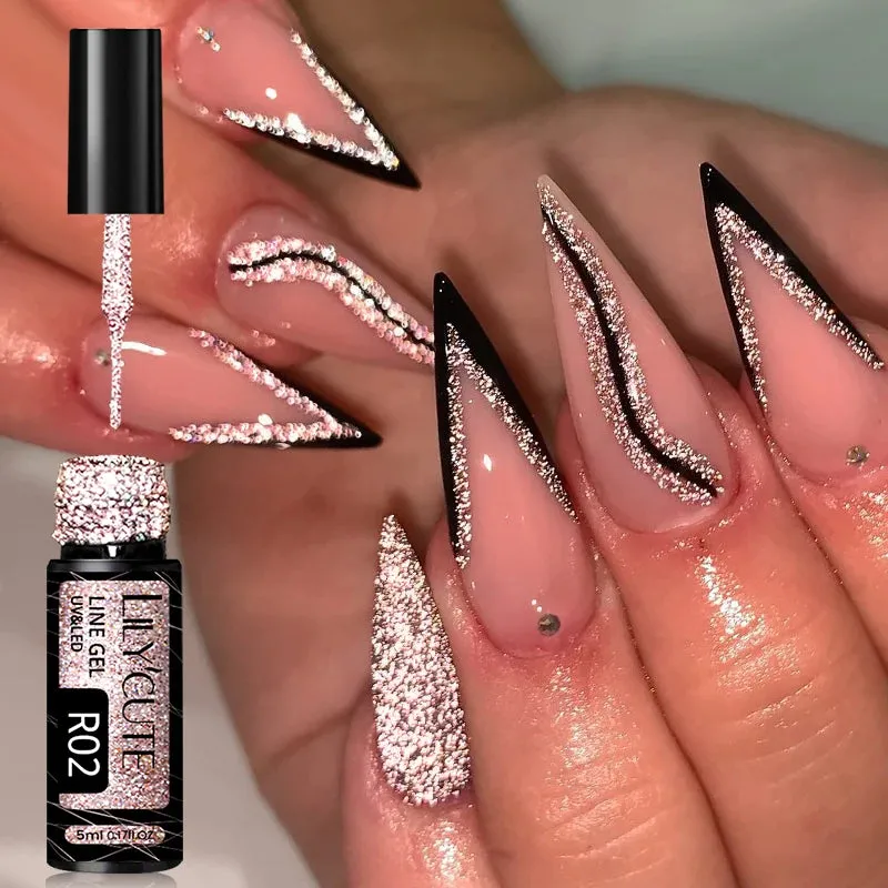 LILYCUTE 5ML Reflective Glitter Liner Gel Polish Nail Art Champagne Sparkling Lines Painting Gel Semi Permanent UV French Nails
