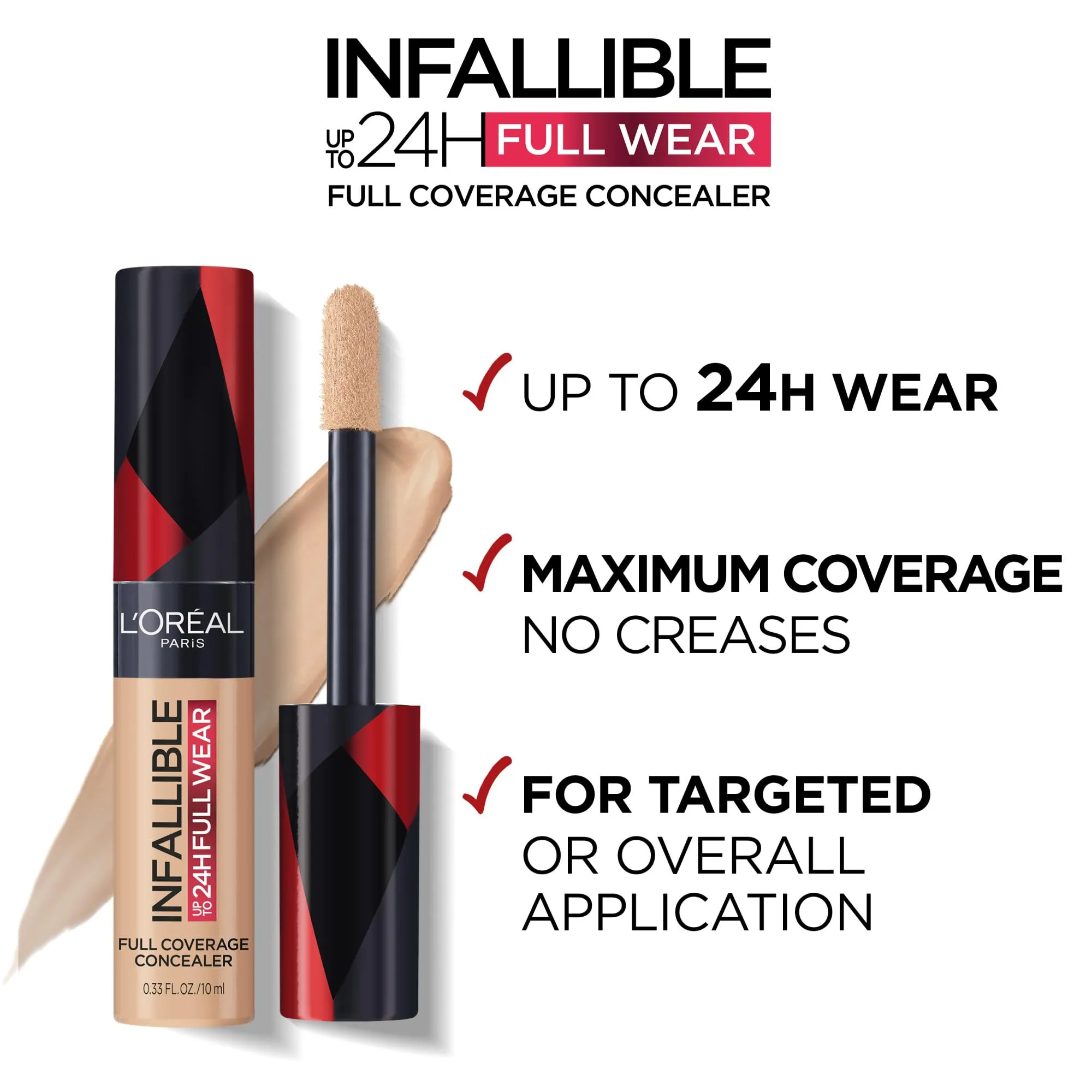 L’Oréal Paris Concealer Infallible Full Wear, One-Swipe Complete Coverage, Matte Finish, Longwear Up to 24hr - Porcelain, 10 mL