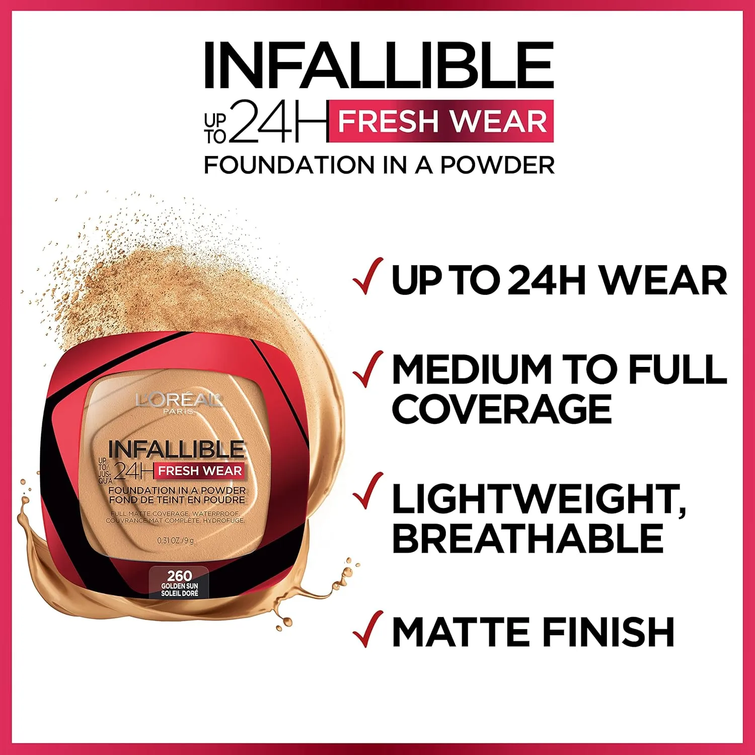 L'Oreal Paris Makeup Infallible Fresh Wear Foundation in a Powder, Up to 24H Wear, Waterproof, Ivory Buff, 0.31 oz.