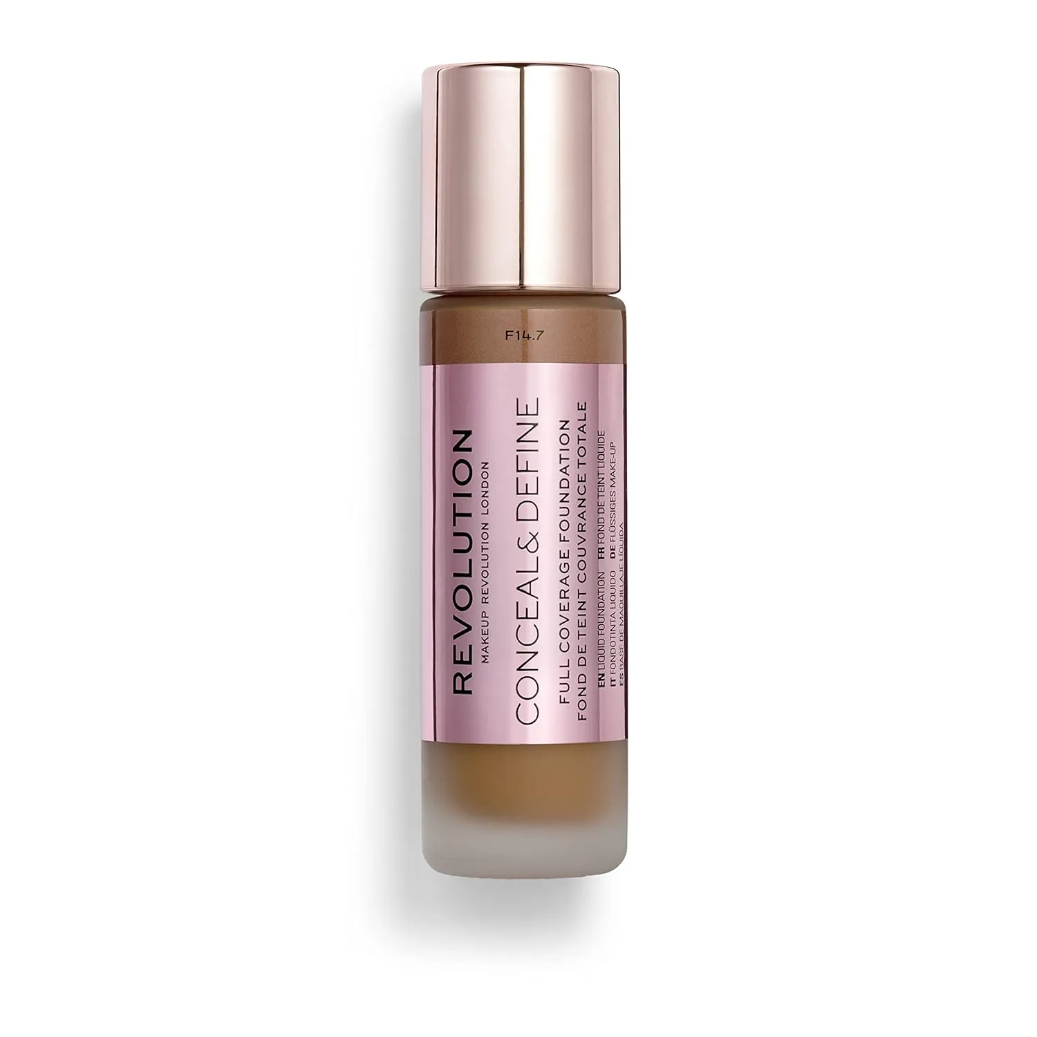 Makeup Revolution Conceal and Define Foundation, Full Coverage & Matte Finish, F14.7 for Dark Skin Tones, Vegan & Cruelty-Free, 0.7 Fl Oz