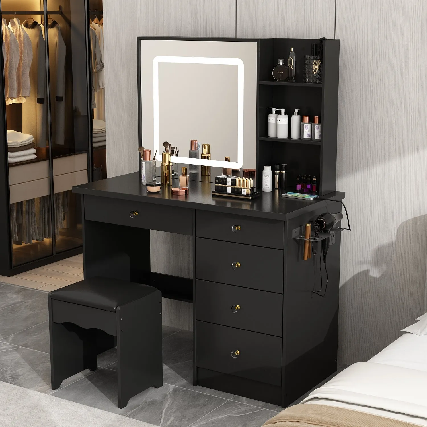 Makeup Vanity Desk with Lighted Mirror and Outlet