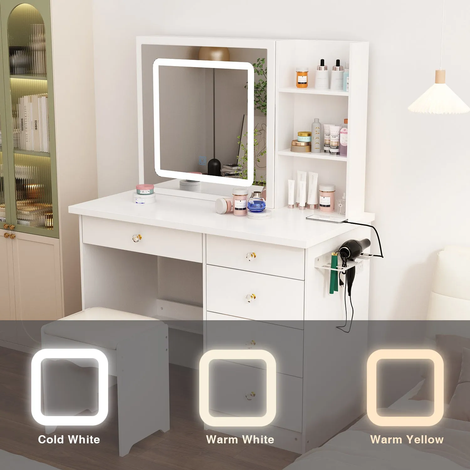 Makeup Vanity Desk with Lighted Mirror and Outlet