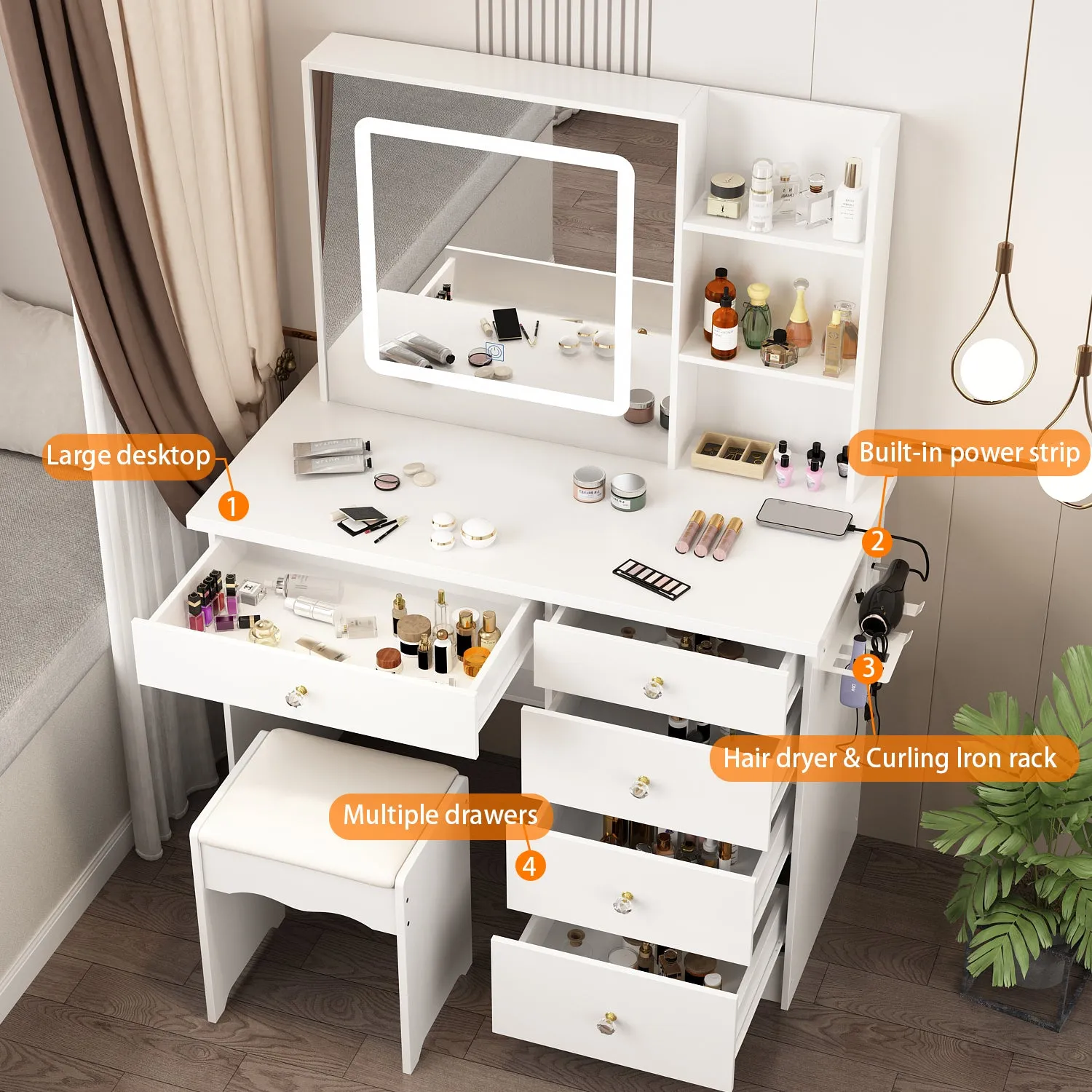 Makeup Vanity Desk with Lighted Mirror and Outlet