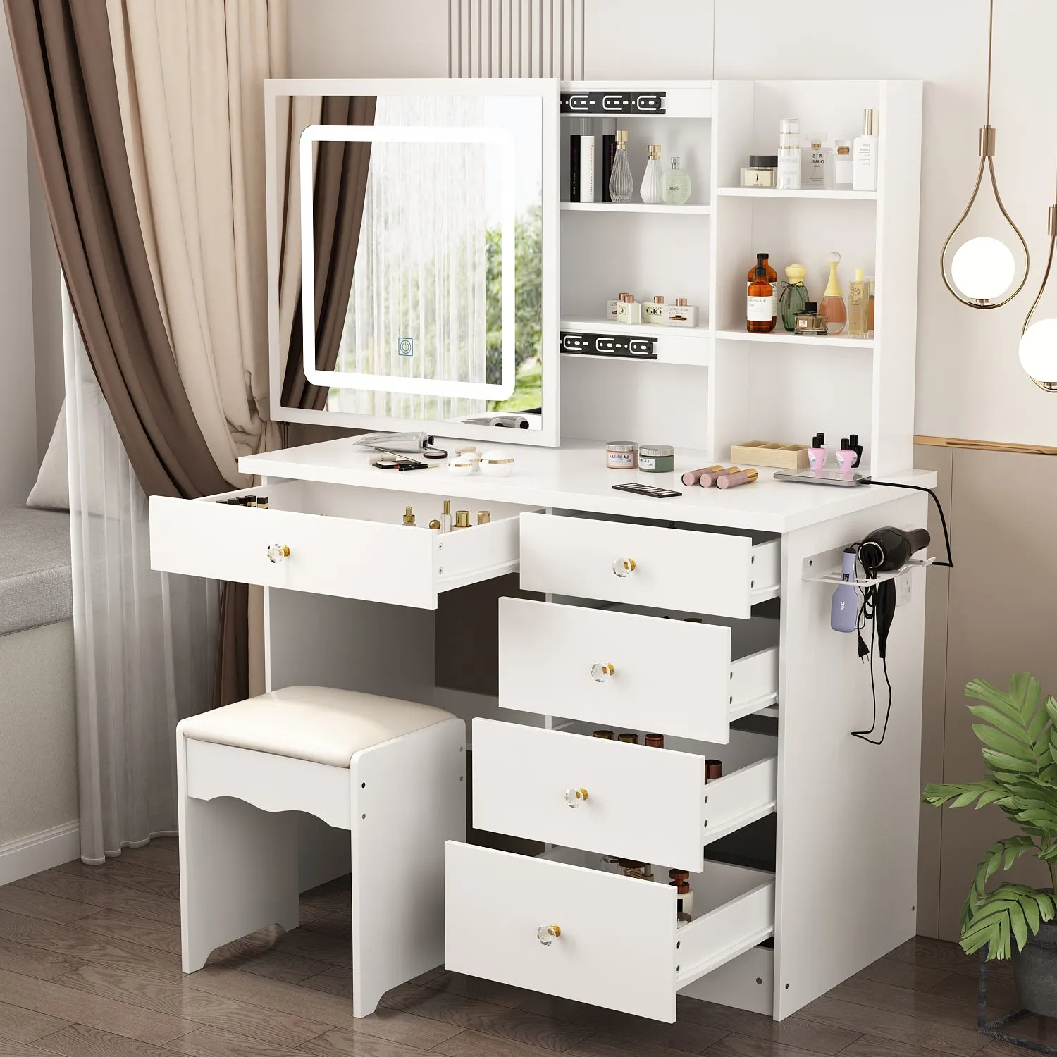 Makeup Vanity Desk with Lighted Mirror and Outlet