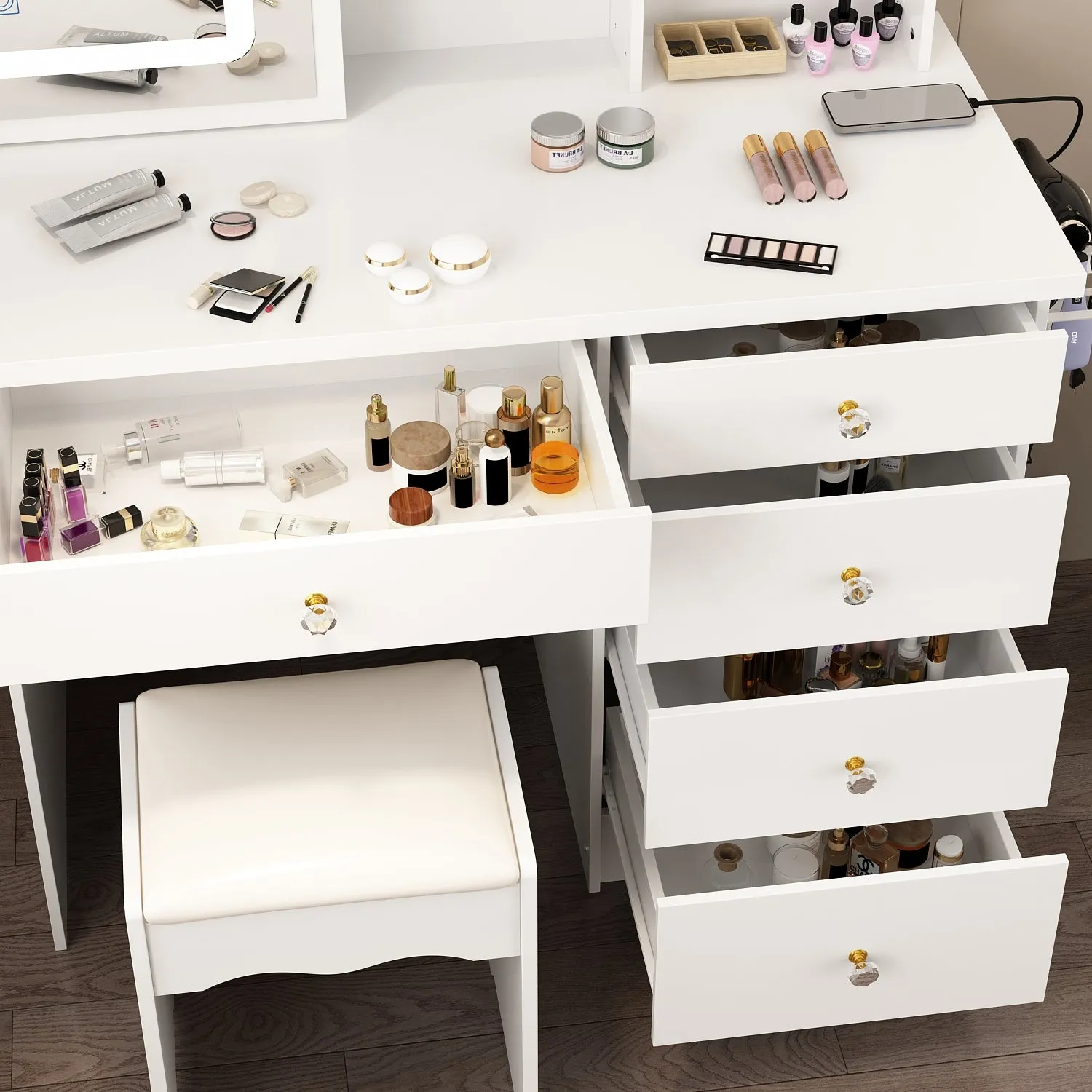 Makeup Vanity Desk with Lighted Mirror and Outlet
