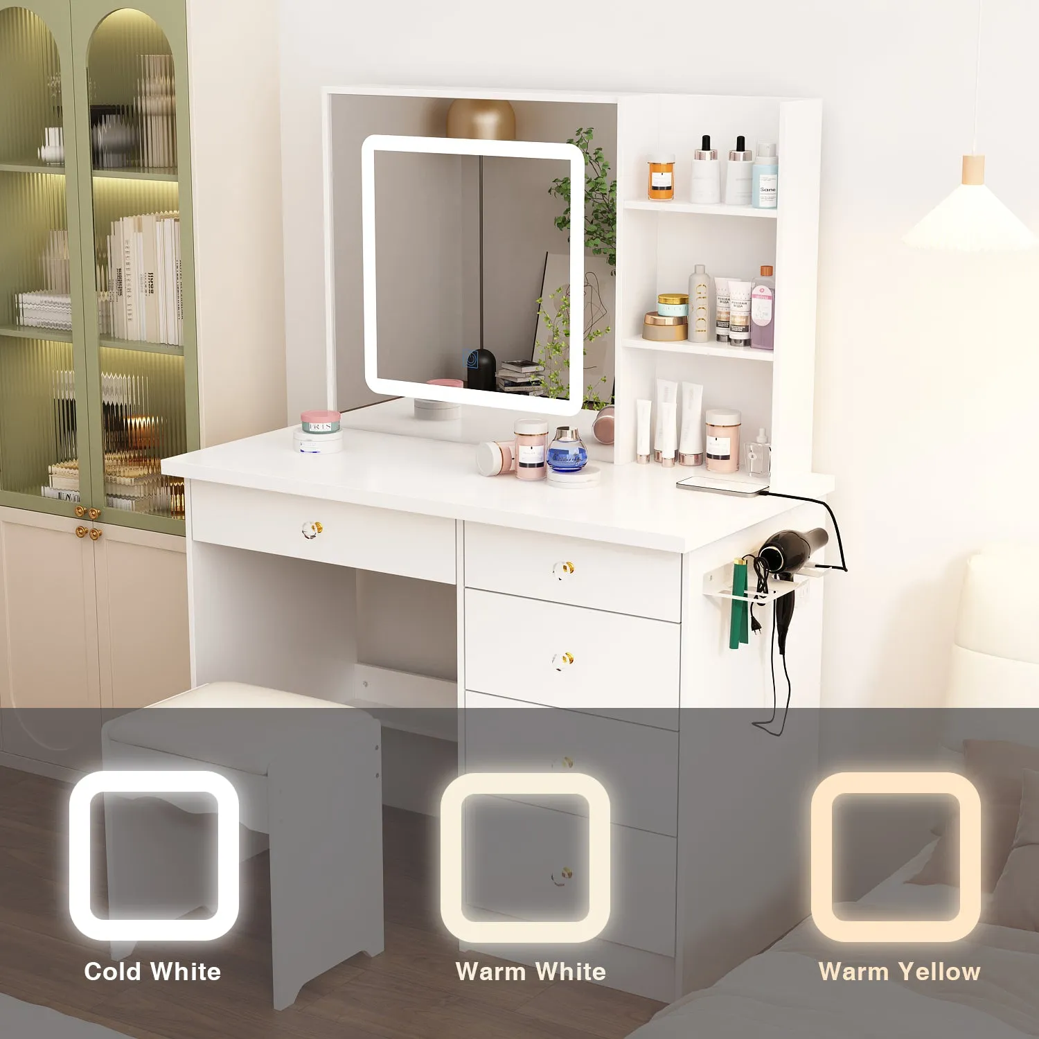 Makeup Vanity Desk with Lighted Mirror and Outlet