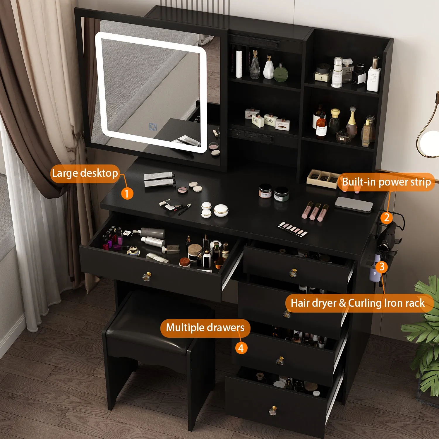Makeup Vanity Desk with Lighted Mirror and Outlet