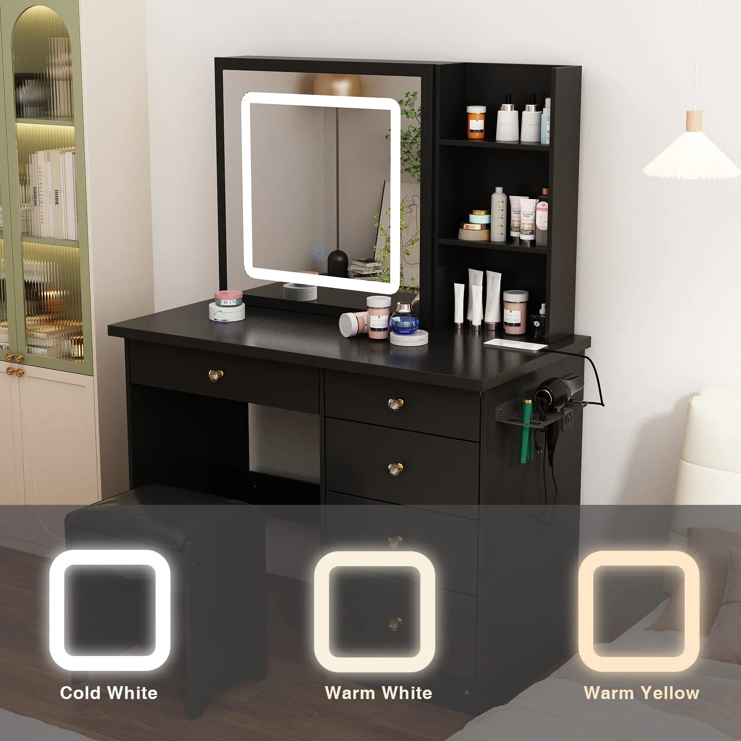 Makeup Vanity Desk with Lighted Mirror and Outlet