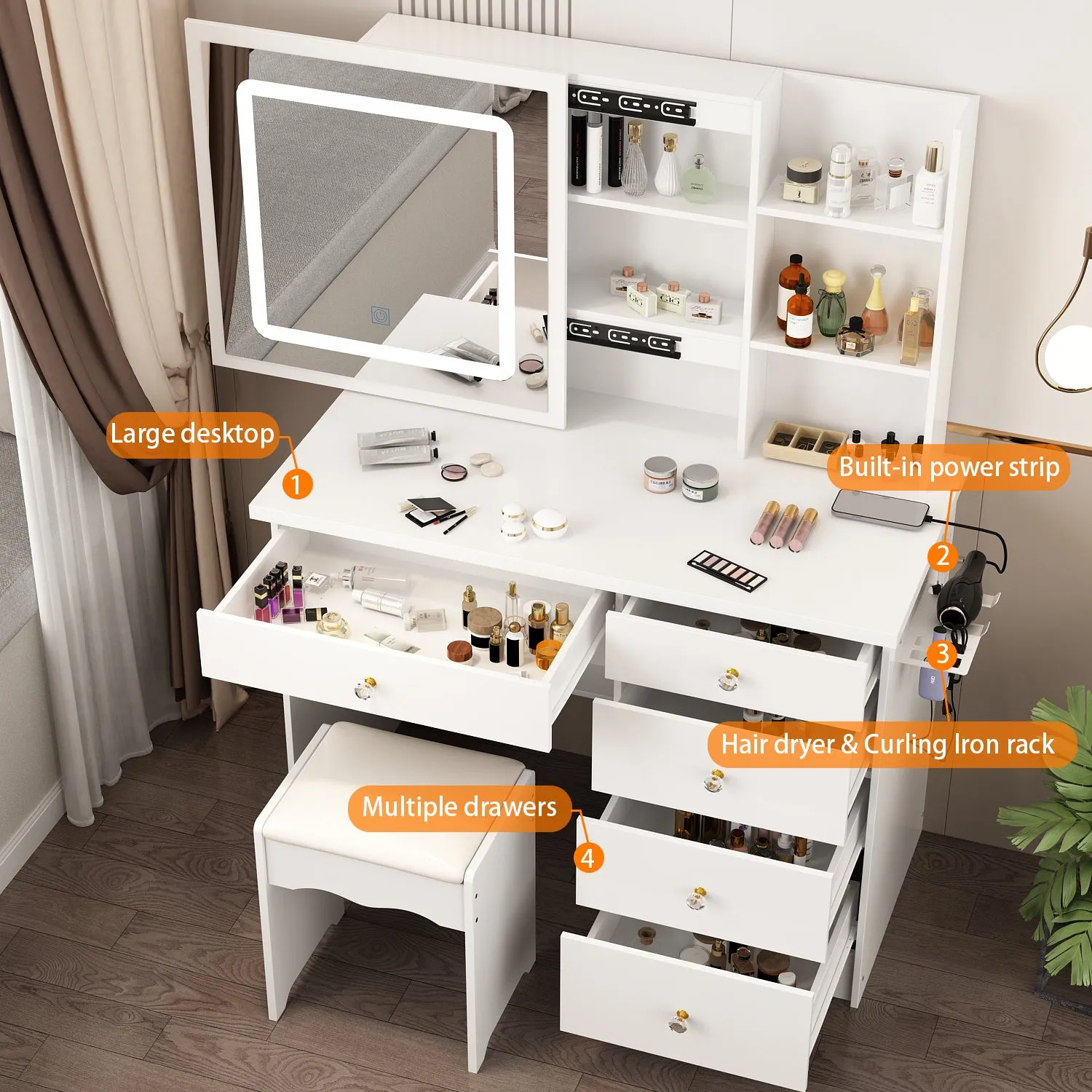Makeup Vanity Desk with Lighted Mirror and Outlet