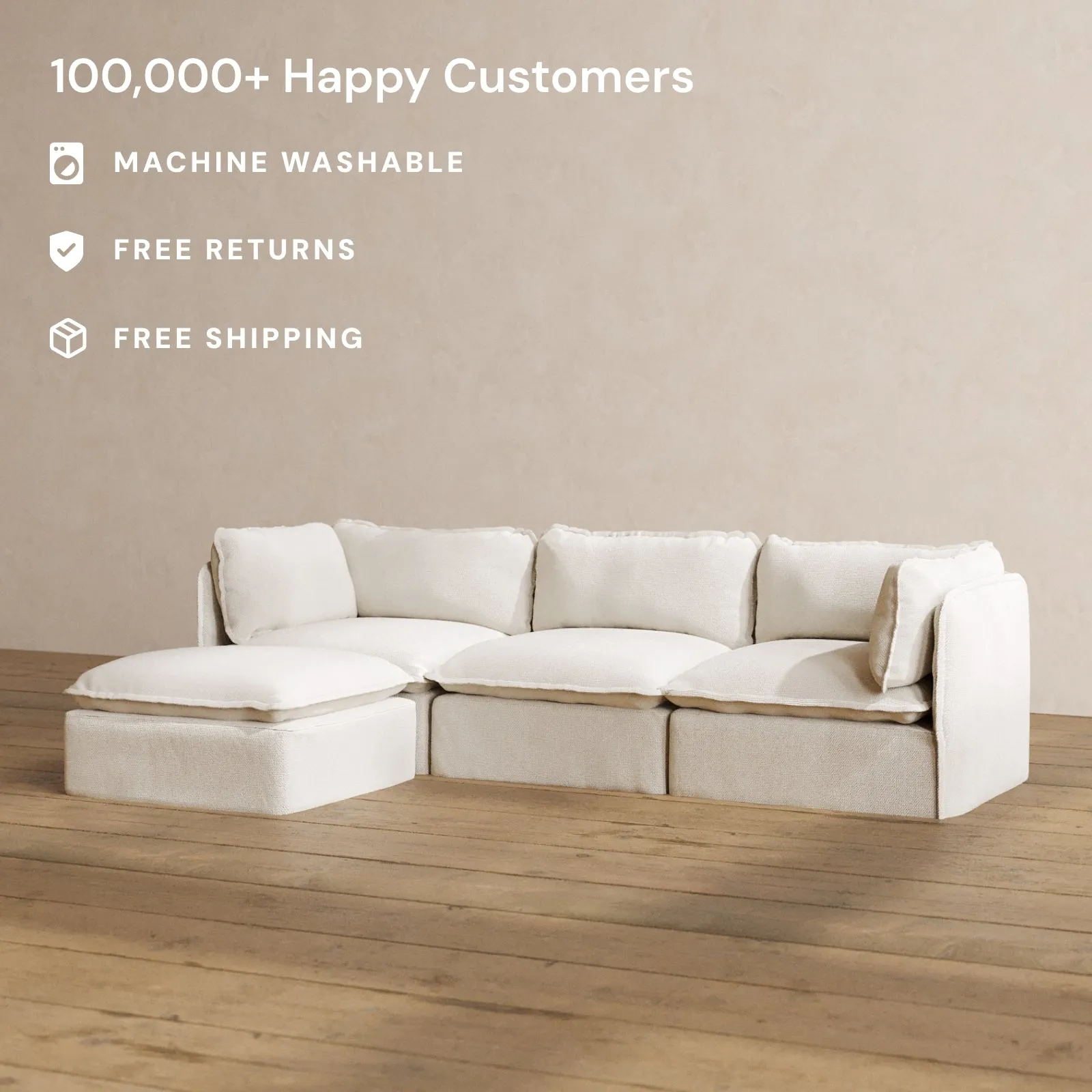 Modular Washable 3-Seater Sectional in Powder | Deluxe  Seat | Contour Pillow