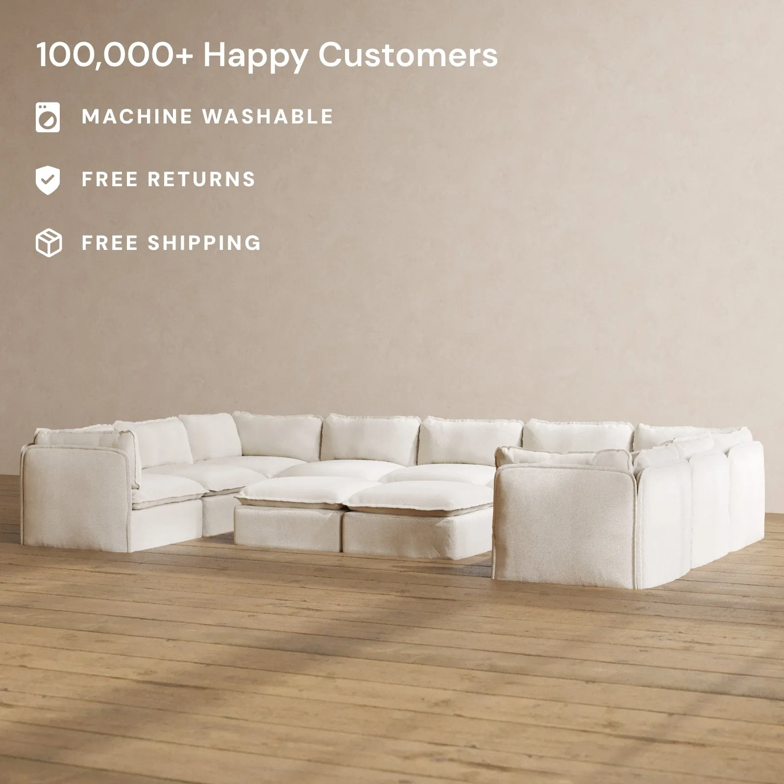 Modular Washable 9-Seater U-Sectional   Bench Ottoman in Powder | Memorix  Seat | Contour Pillow