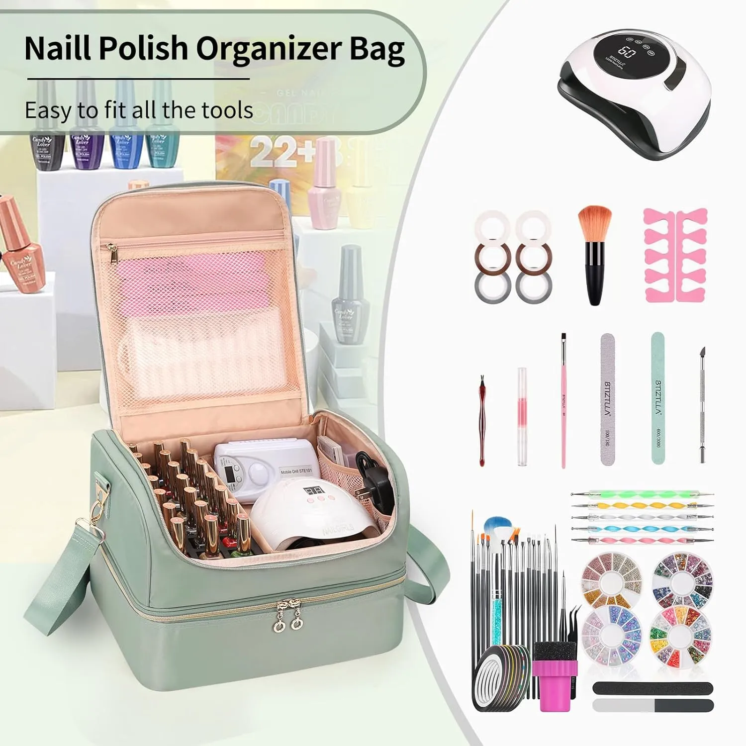 Nail Polish Organizer Case, Holds 69 Bottles Nail Polish & Nail Lamp