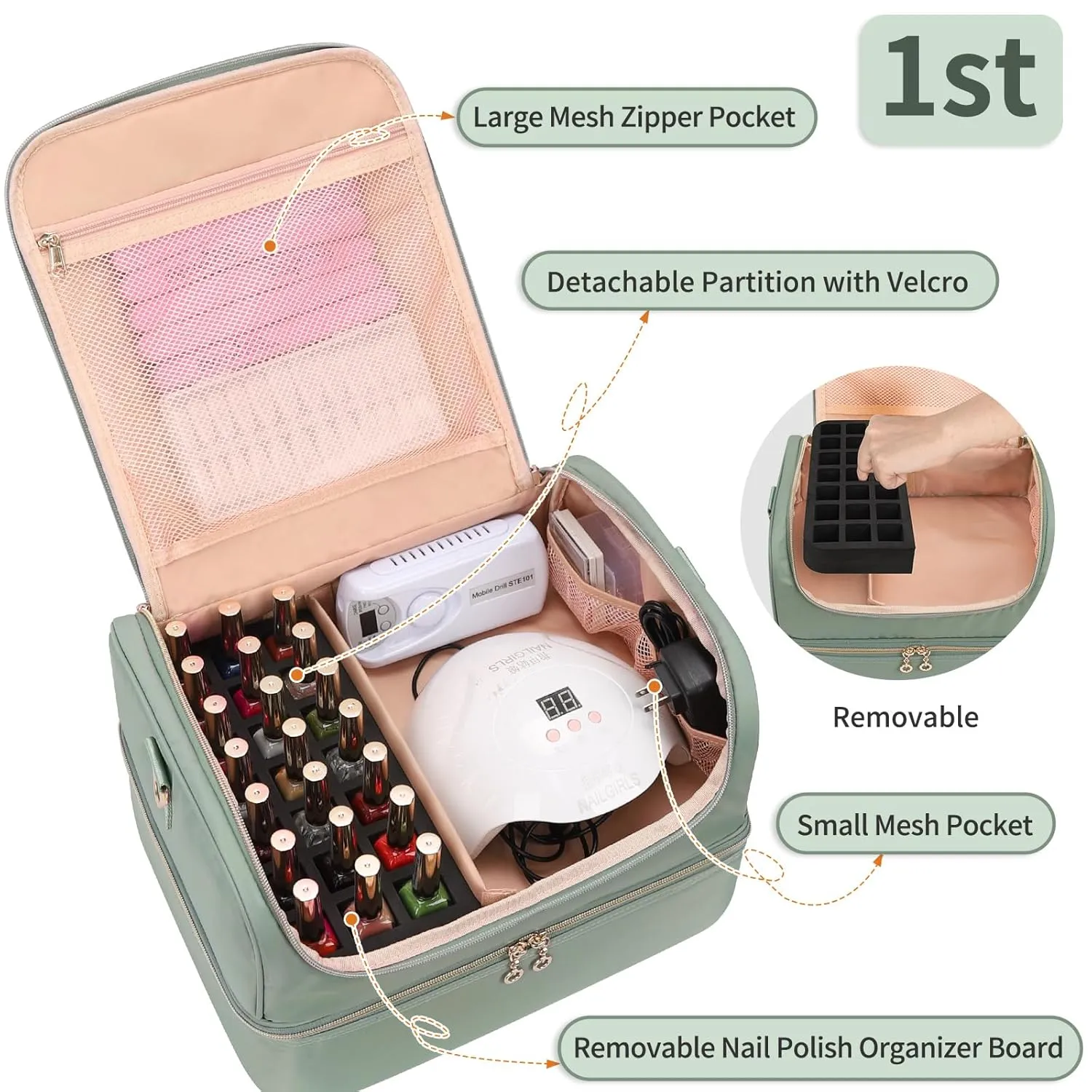 Nail Polish Organizer Case, Holds 69 Bottles Nail Polish & Nail Lamp