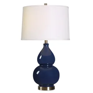 Navy Blue Gourd Table Lamp with Brass Accents