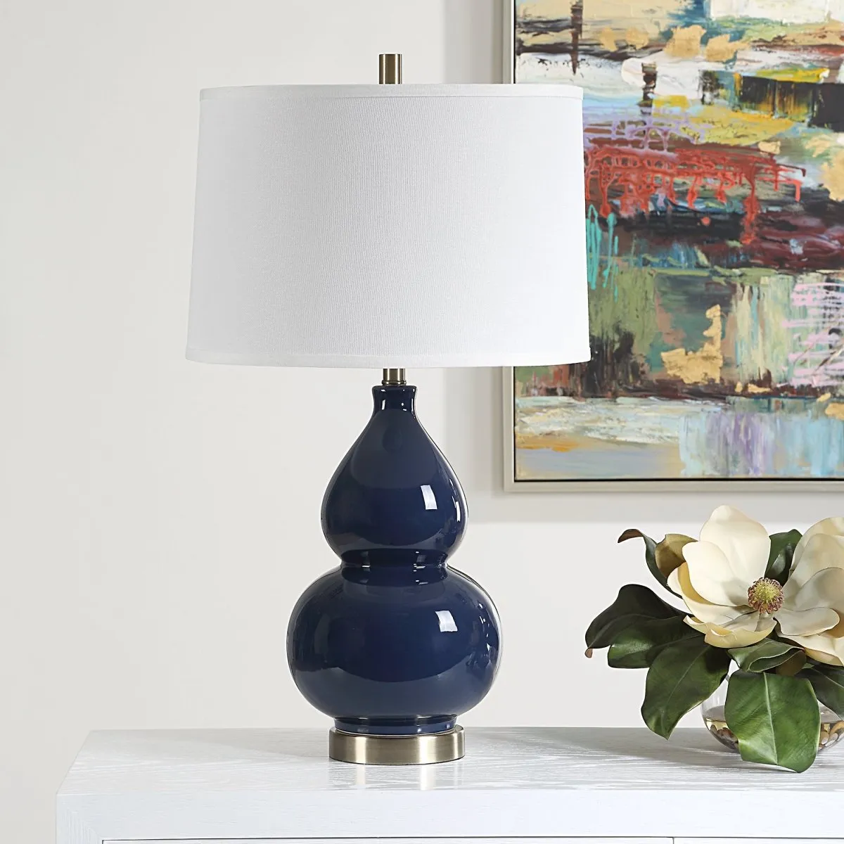 Navy Blue Gourd Table Lamp with Brass Accents