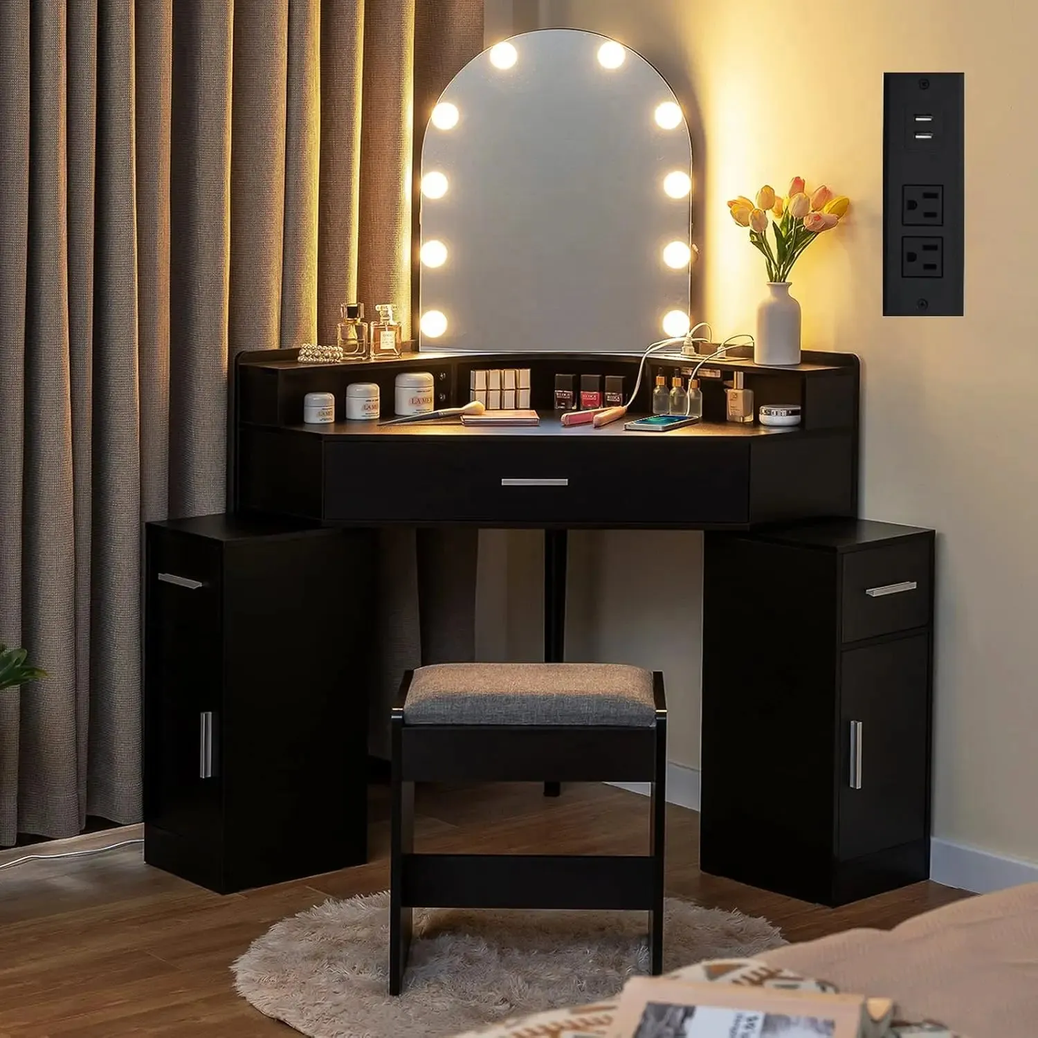 Newly Designed Corner Vanity Desk with Mirror and Lights, with Charging Station, 3 Drawers &  Side Cabinets