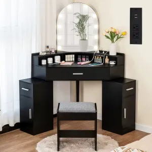 Newly Designed Corner Vanity Desk with Mirror and Lights, with Charging Station, 3 Drawers &  Side Cabinets