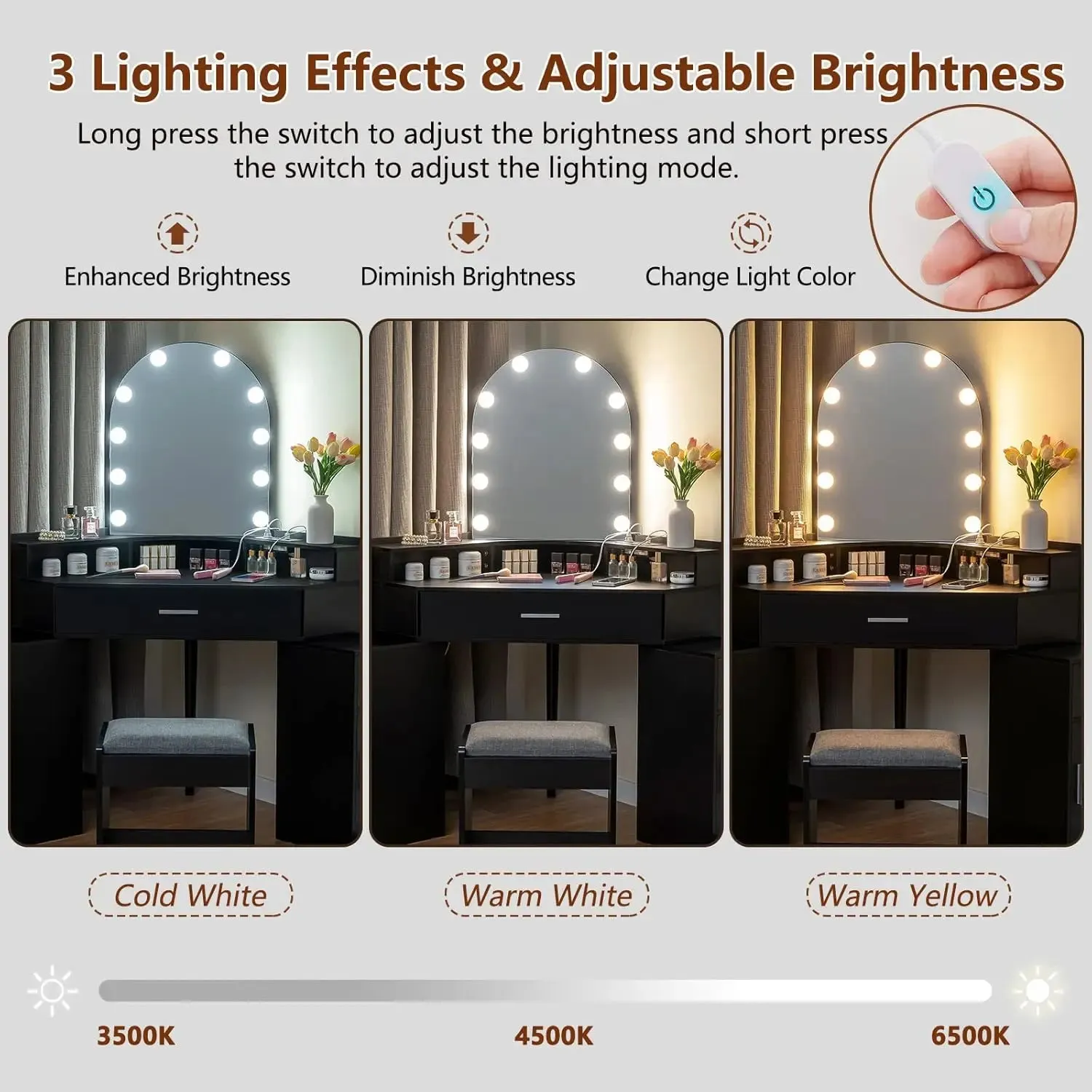 Newly Designed Corner Vanity Desk with Mirror and Lights, with Charging Station, 3 Drawers &  Side Cabinets