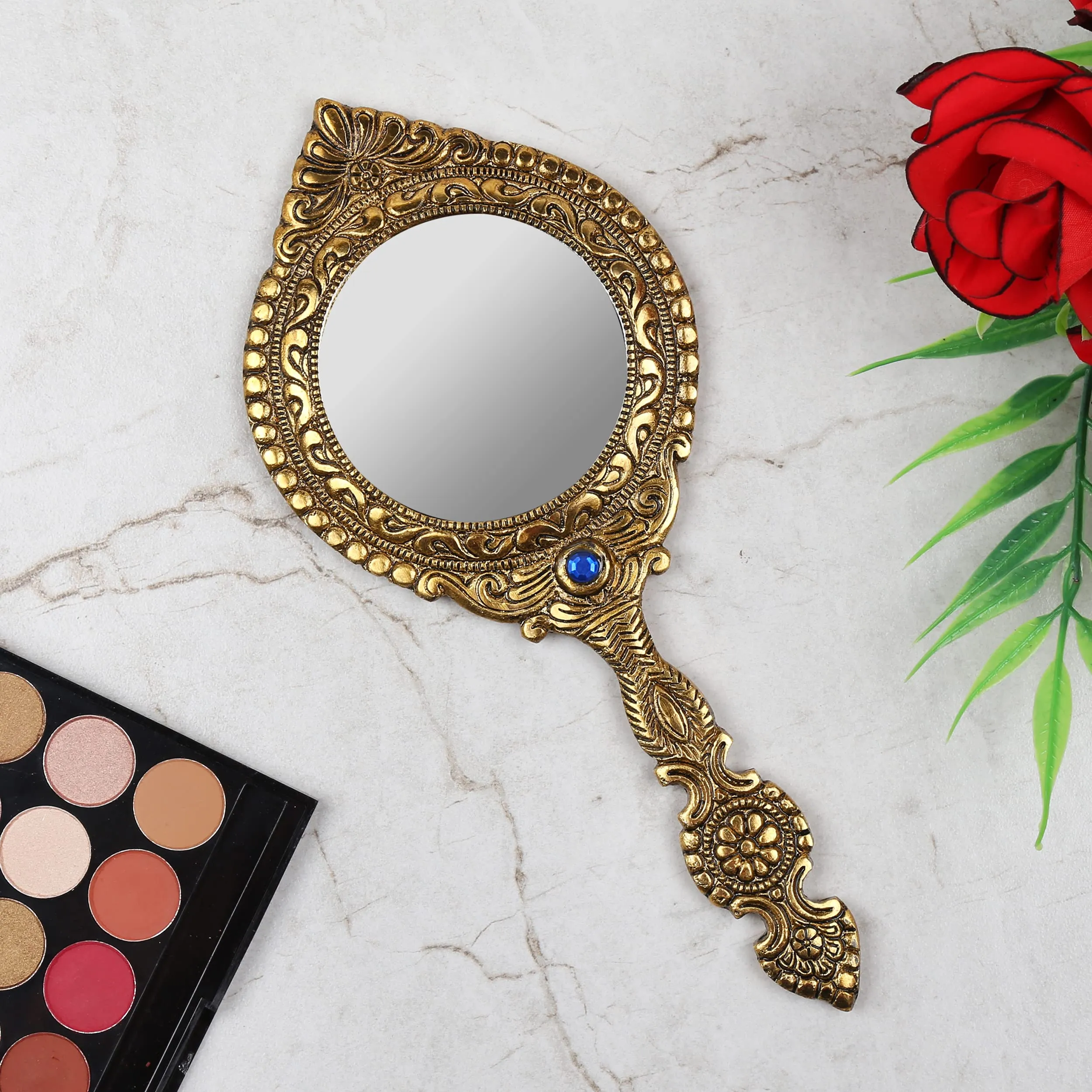 NM Aluminium Frame Double Side Hand Mirror Gold Plated Pack of 2 (Blue)