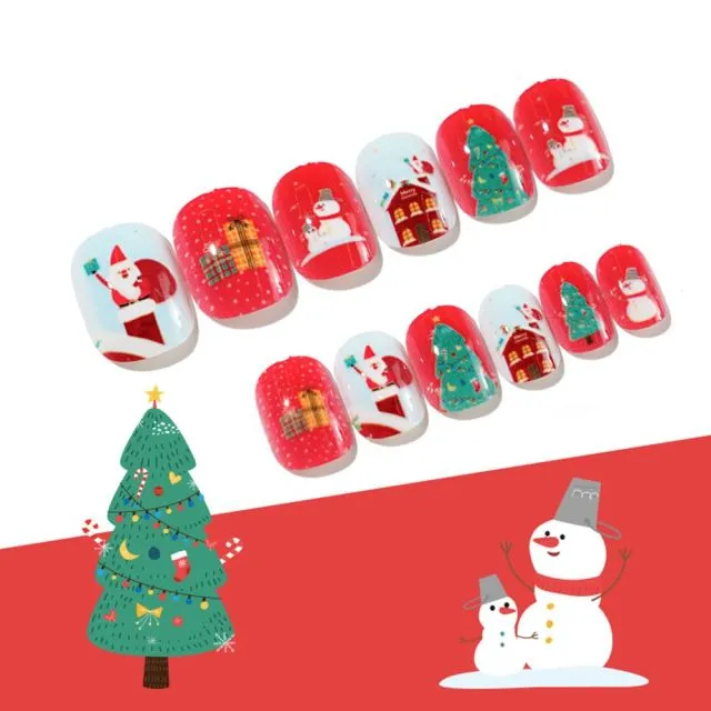 Qfdian Christmas 24Pcs Christmas Short Square Head False Nails WIth Press Glue Detachable Wearable Fake Nails Full Cover Nail Tips Manicure Tool