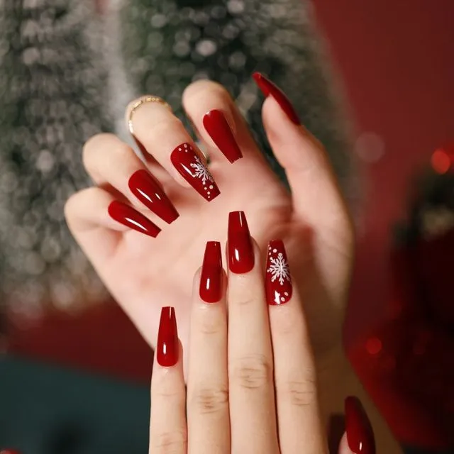 Qfdian gifts for women Fake nails press on Detachable Christmas painting Snowflake Coffin False Nails Wearable Ballerina Fake Nails Full Cover Nail Tip