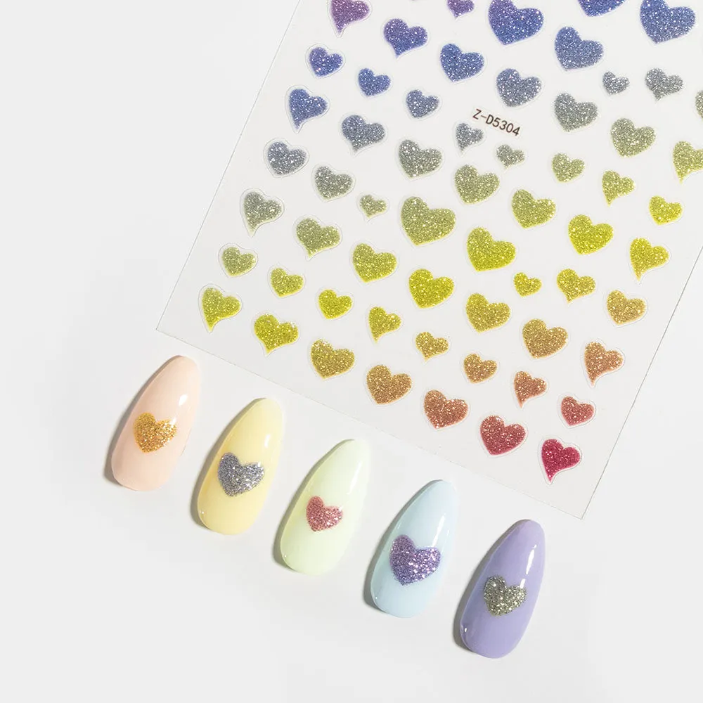 Rainbow Glitter Hearts Nail Stickers
