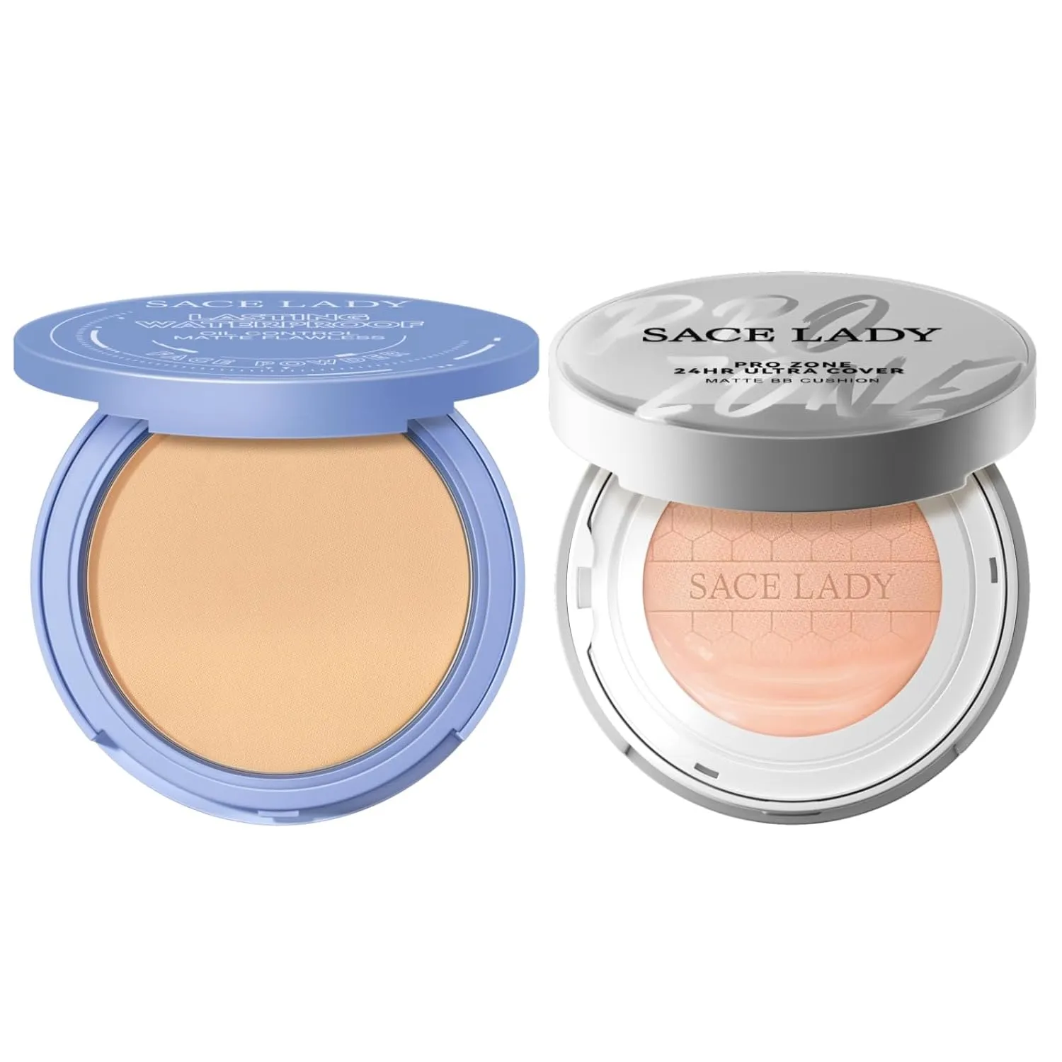 SACE LADY Face Makeup Base Set, Flawless Coverage Foundation Cushion with Oil Control Setting Powder, Waterproof Lasting Cosmetics Kit 2Pcs
