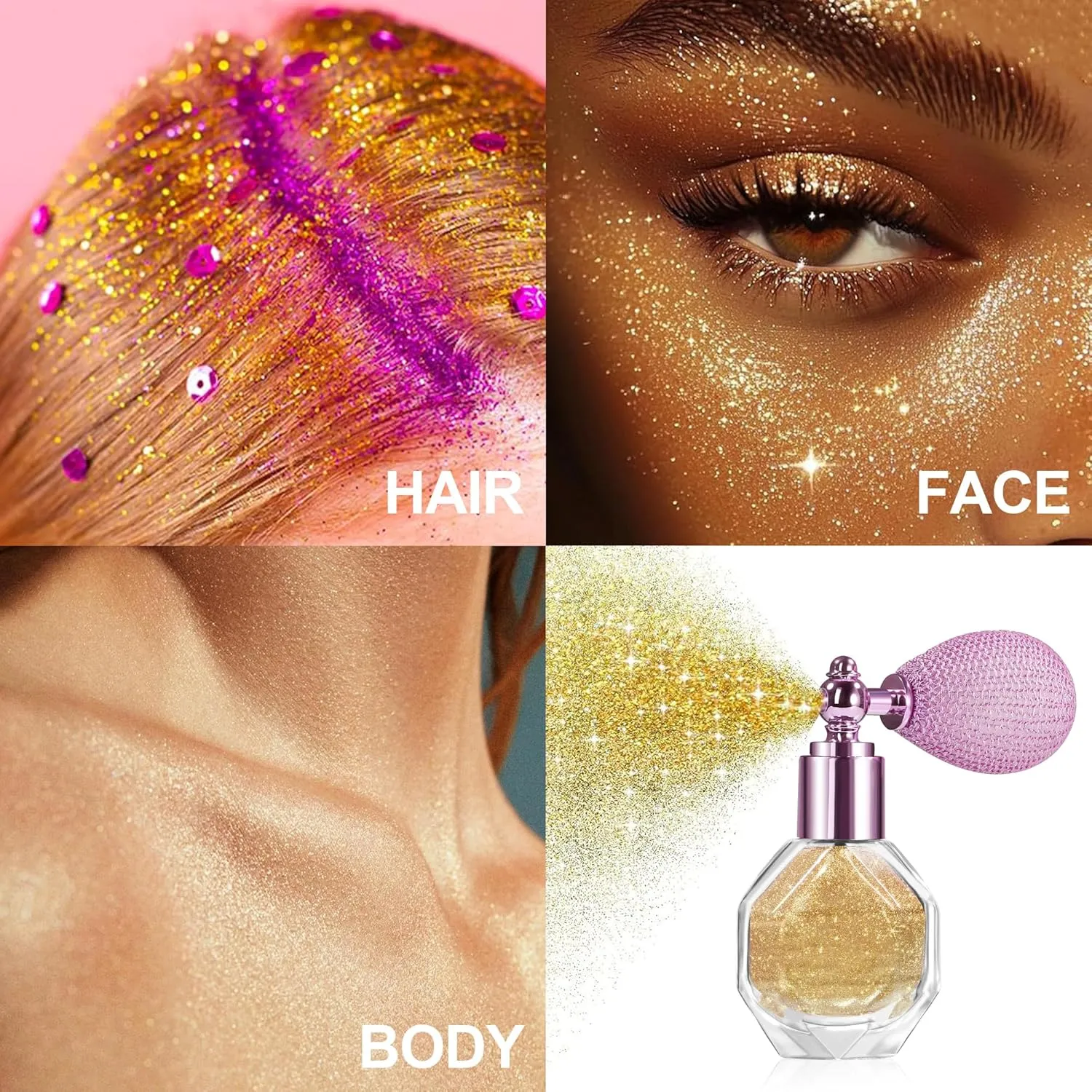Shimmering Highlighter Powder Spray, Sparkle Powder High Gloss Spray for Face Body & Hair, Long-lasting Glitter Waterproof Face Highlighter Spray for Women Party or Daily Wear, #03