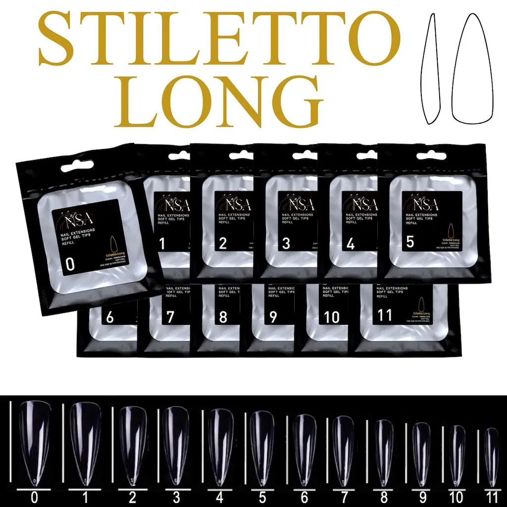 Soft Gel Tips Individual Refill Sizes 50pcs - Stiletto