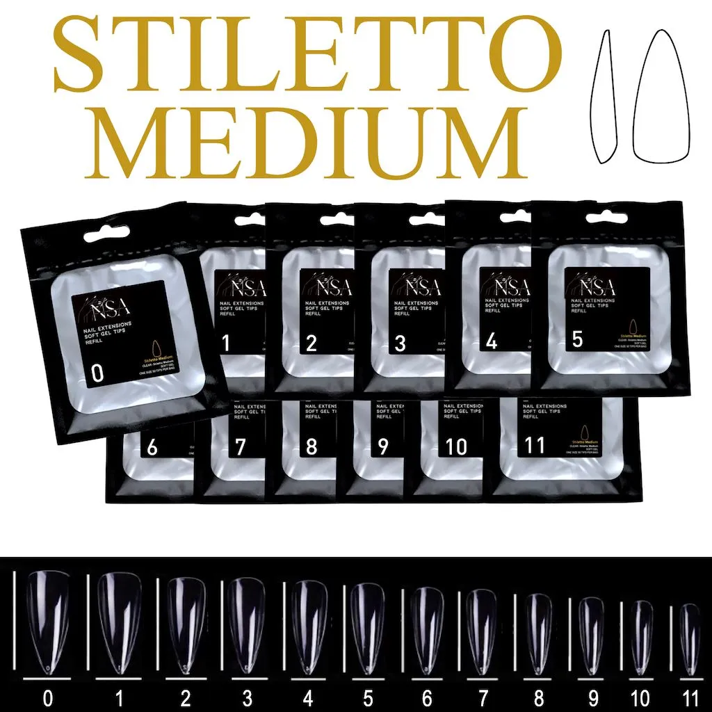 Soft Gel Tips Individual Refill Sizes 50pcs - Stiletto