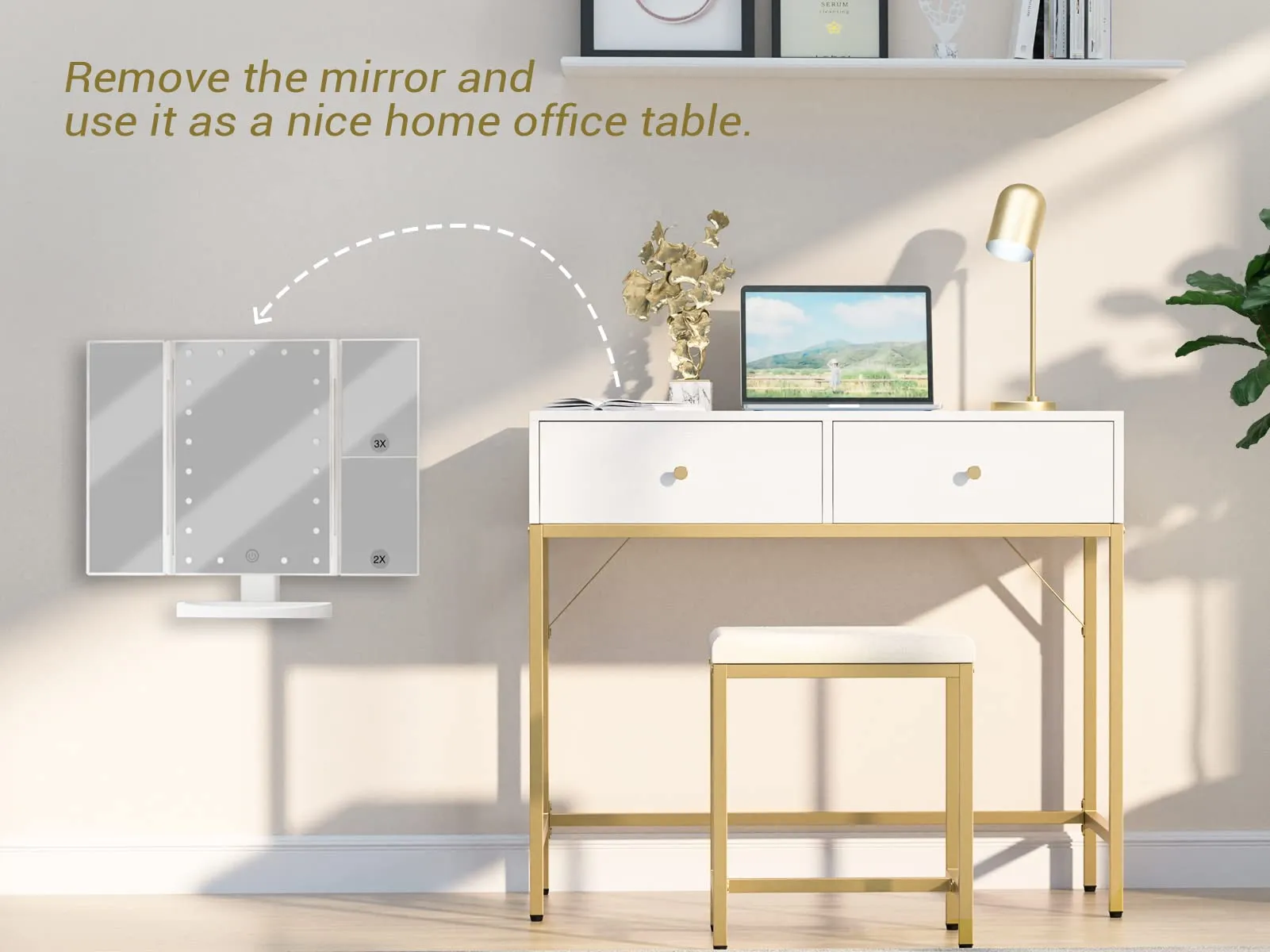 SUPERJARE Vanity Desk, Makeup Vanity with Lighted Mirror, White Desk with Drawers, 35.4 Inches Makeup Vanity Desk with Lights, for Bedroom, White and Gold