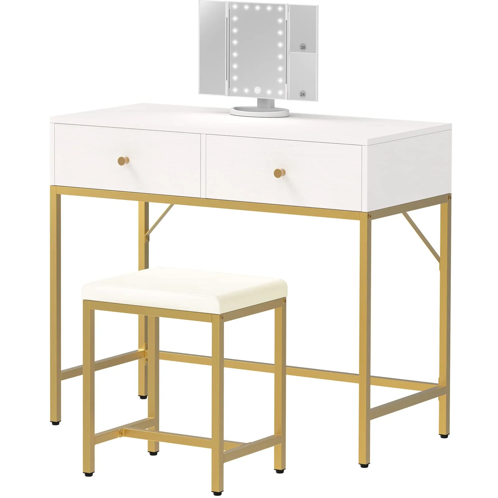 SUPERJARE Vanity Desk, Makeup Vanity with Lighted Mirror, White Desk with Drawers, 35.4 Inches Makeup Vanity Desk with Lights, for Bedroom, White and Gold