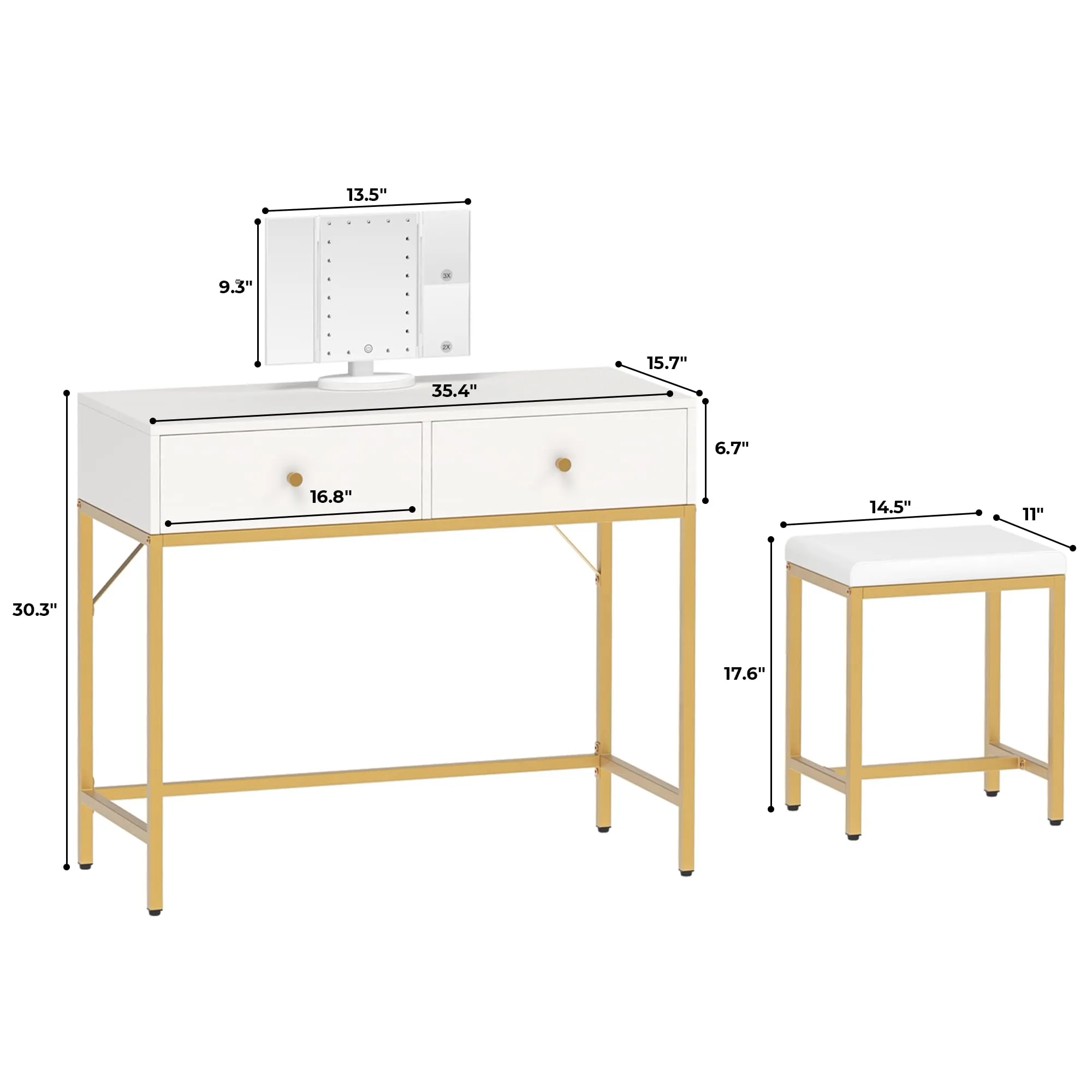 SUPERJARE Vanity Desk, Makeup Vanity with Lighted Mirror, White Desk with Drawers, 35.4 Inches Makeup Vanity Desk with Lights, for Bedroom, White and Gold