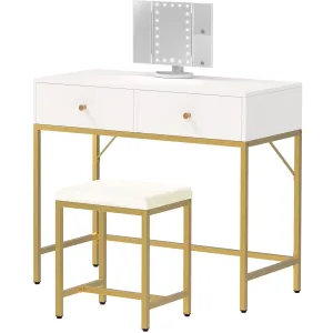 SUPERJARE Vanity Desk, Makeup Vanity with Lighted Mirror, White Desk with Drawers, 35.4 Inches Makeup Vanity Desk with Lights, for Bedroom, White and Gold
