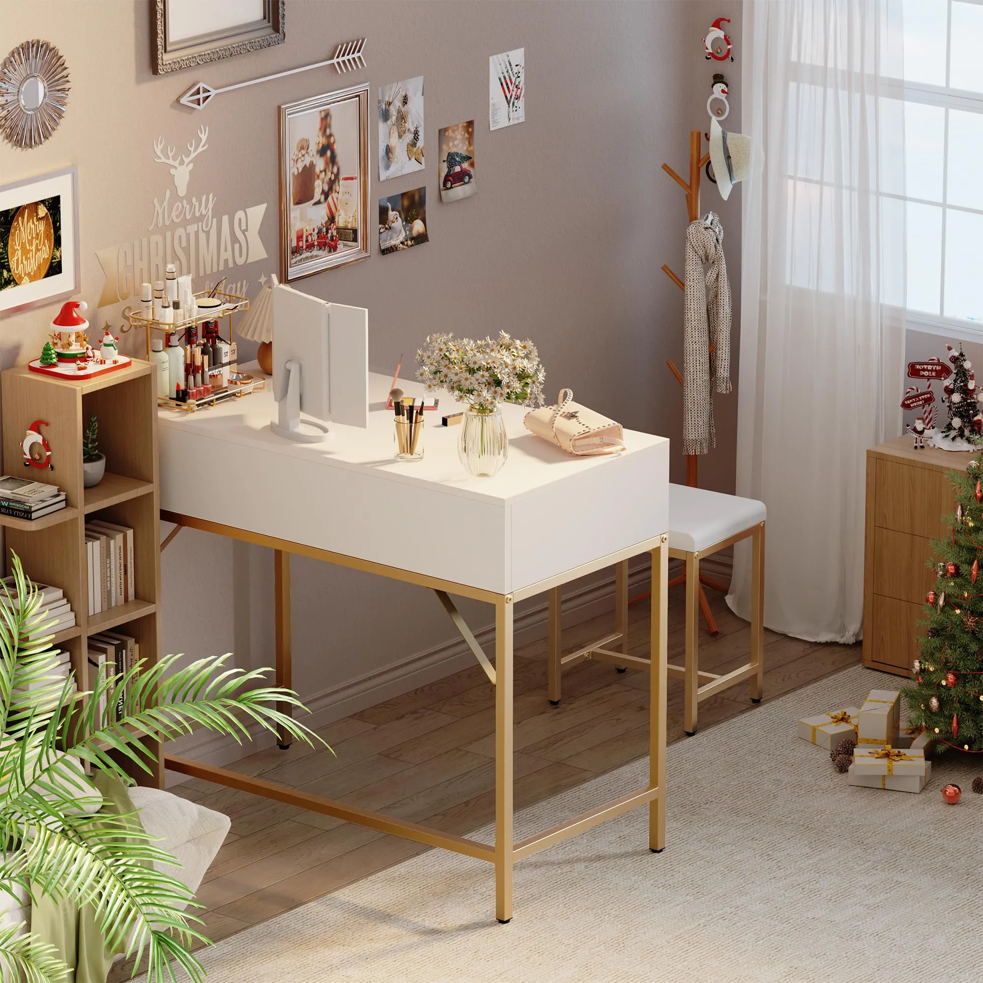 SUPERJARE Vanity Desk, Makeup Vanity with Lighted Mirror, White Desk with Drawers, 35.4 Inches Makeup Vanity Desk with Lights, for Bedroom, White and Gold
