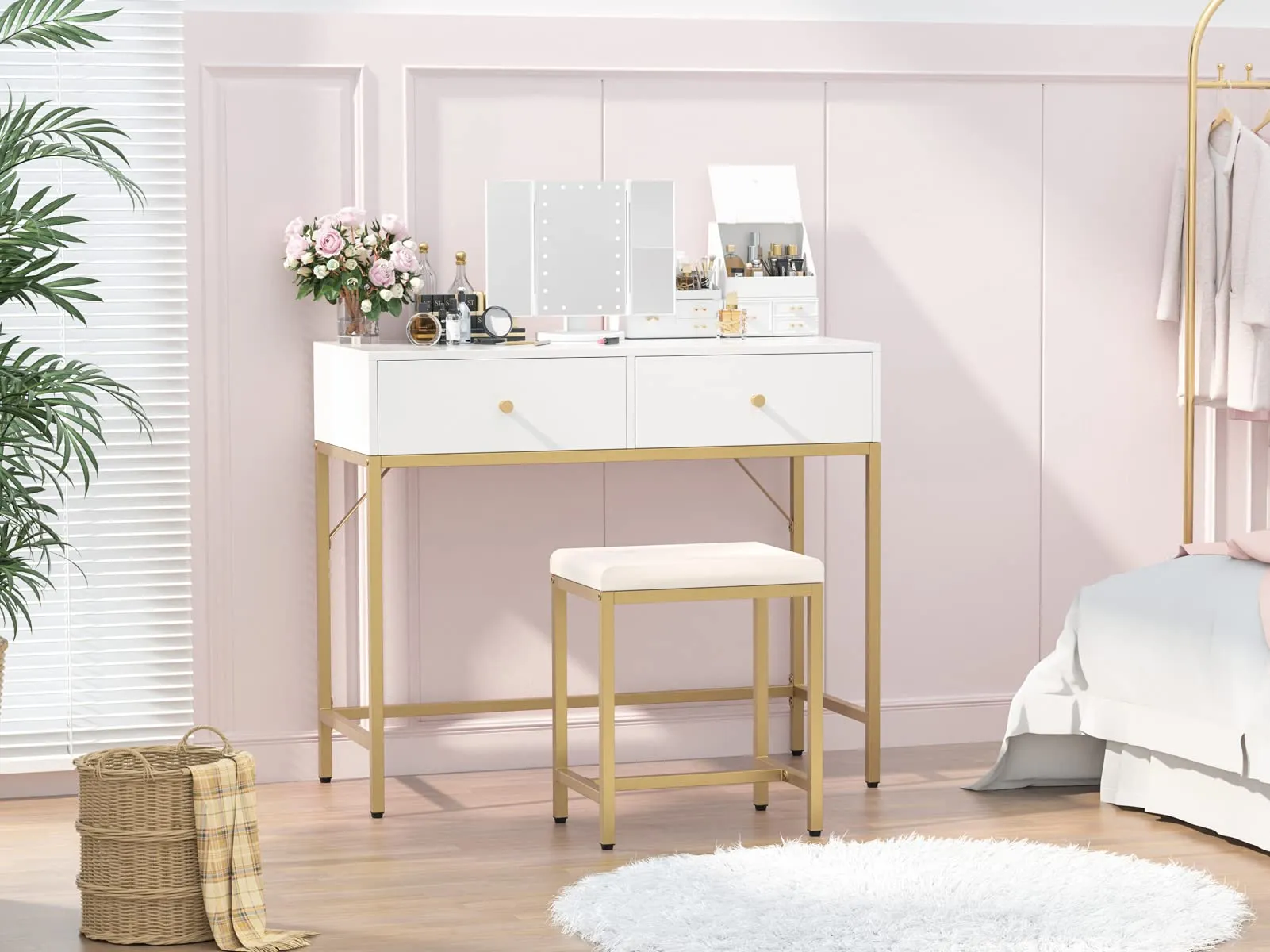 SUPERJARE Vanity Desk, Makeup Vanity with Lighted Mirror, White Desk with Drawers, 35.4 Inches Makeup Vanity Desk with Lights, for Bedroom, White and Gold